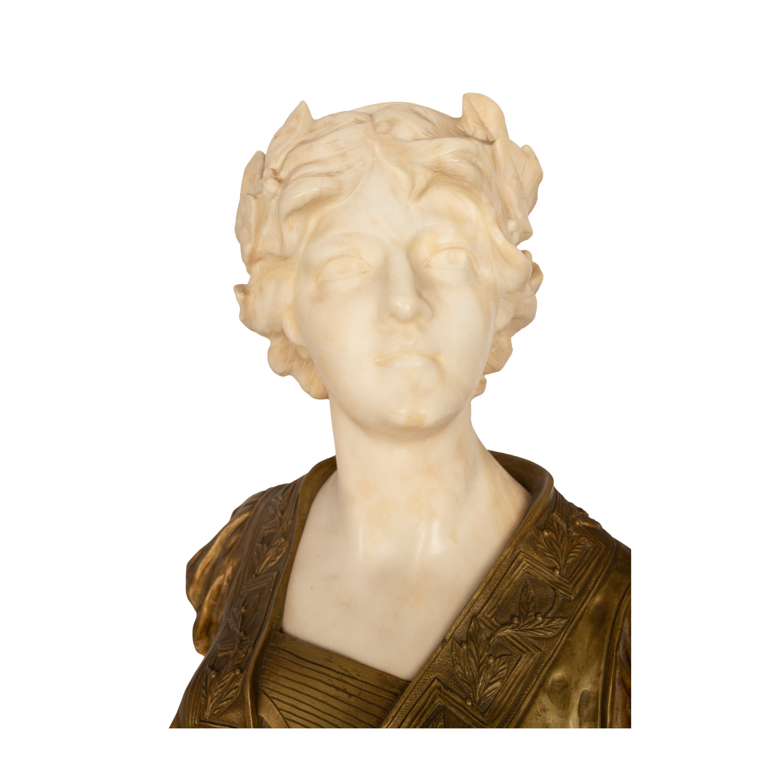 Antique Art Nouveau Female Carrara Marble Gilt Bronze Bust Statue Sculpture 1900 For Sale 5
