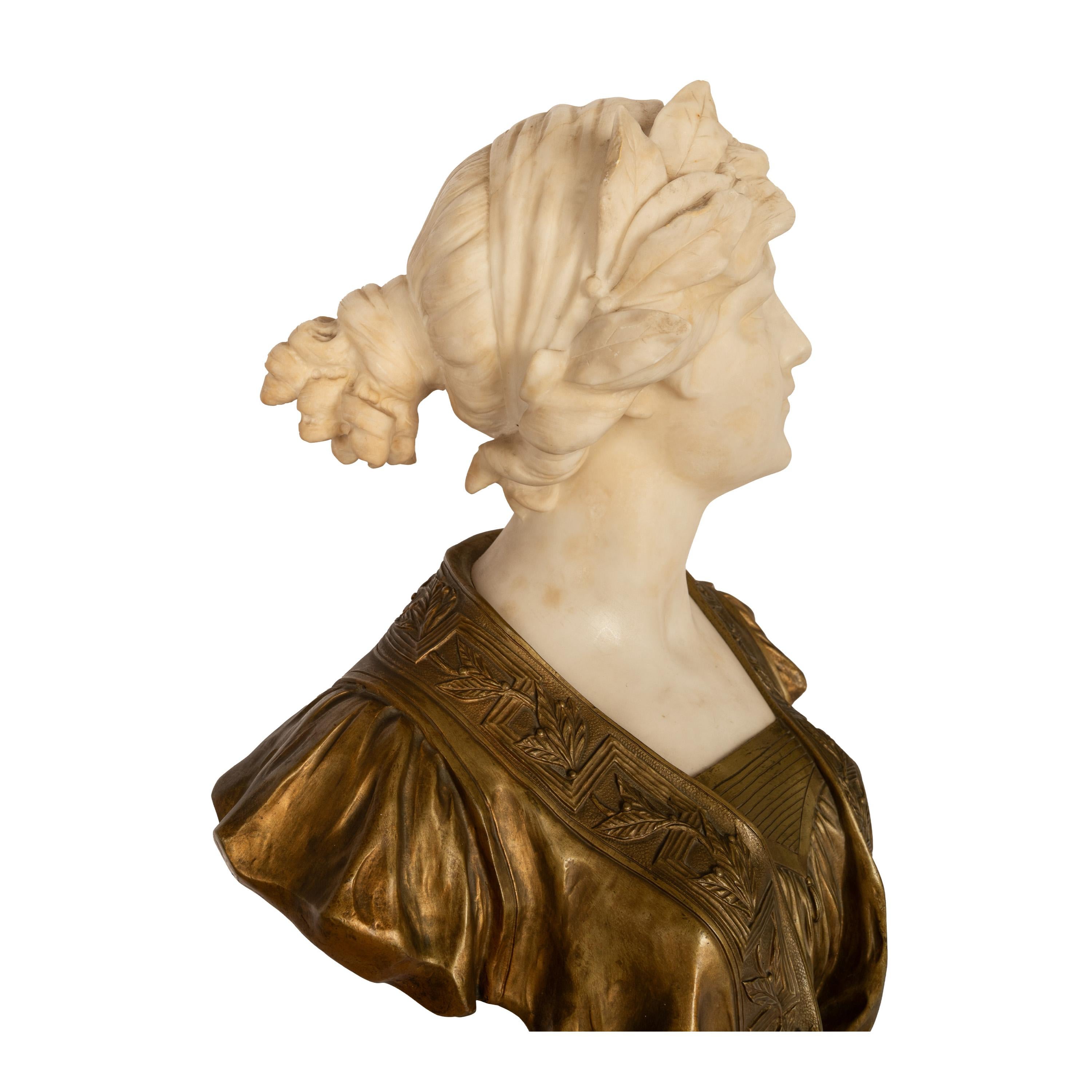 Antique Art Nouveau Female Carrara Marble Gilt Bronze Bust Statue Sculpture 1900 For Sale 6