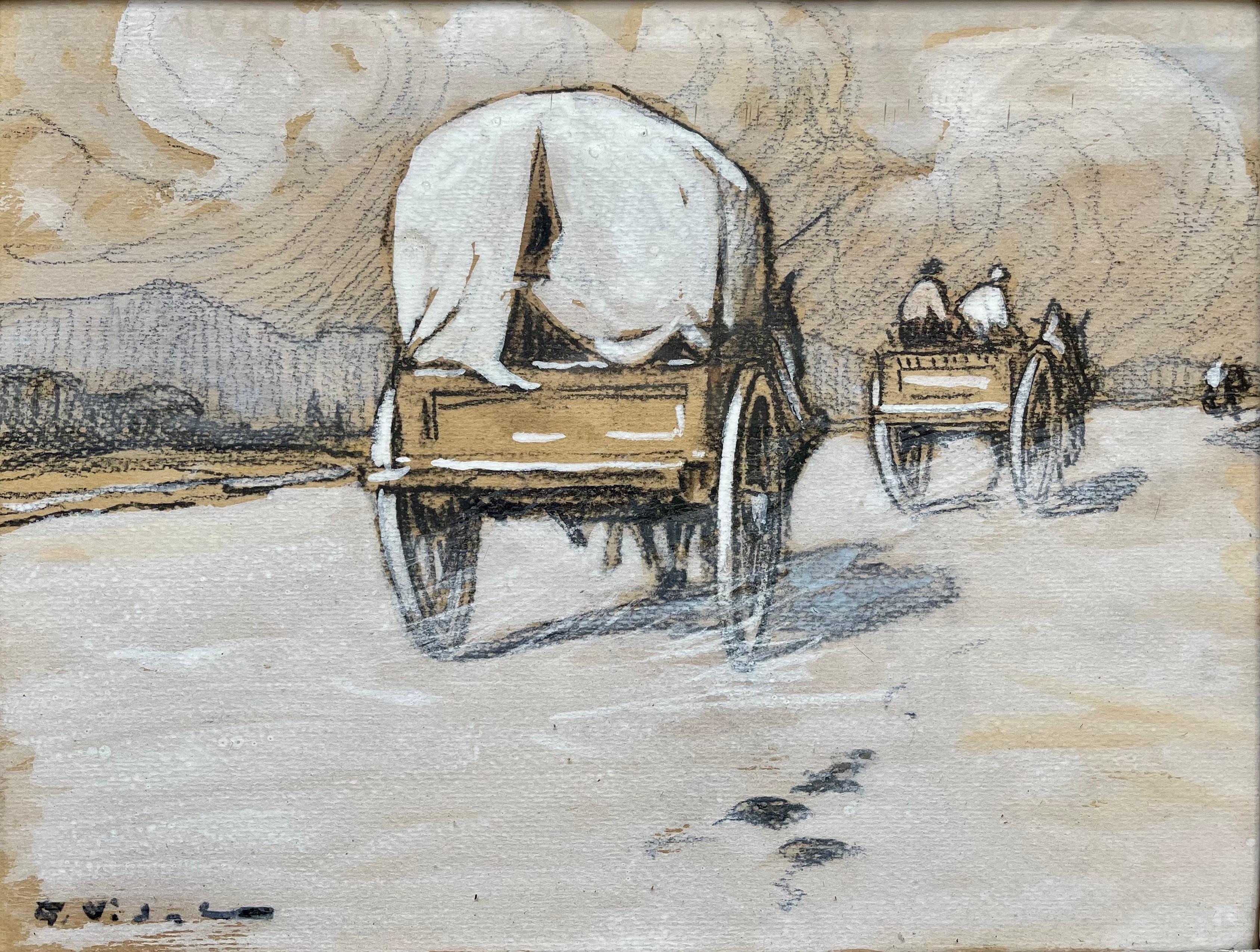 Dipinto che raffigura un paesaggio con carovane. Realizzato su un pannello di cartone rigido a carboncino e gouache. Buone condizioni.
Artista : Gustave Vidal (1895-1966), pittore francese.