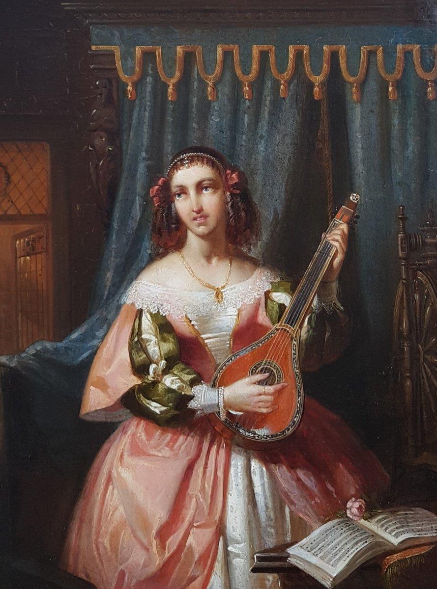 WAPPERS Peinture Belge 19ème romantique Huile sur panneau bois mandoline femme joueuse - Painting de Gustave Wappers 