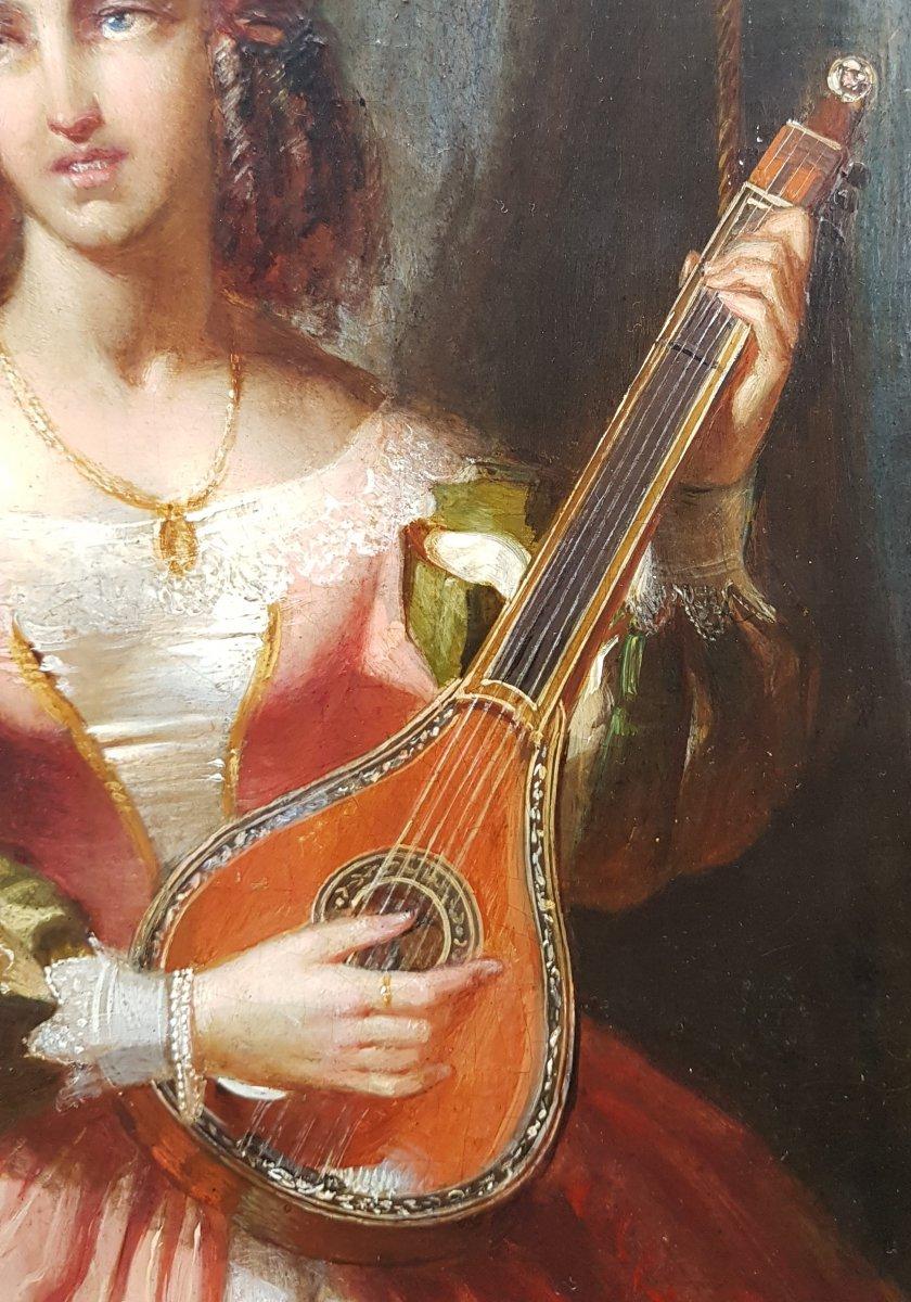 WAPPERS Painting Belgian 19th romantic Oil on panel wood mandoline woman player For Sale 1