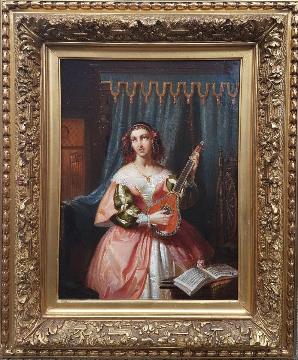 Figurative Painting Gustave Wappers  - WAPPERS Peinture Belge 19ème romantique Huile sur panneau bois mandoline femme joueuse