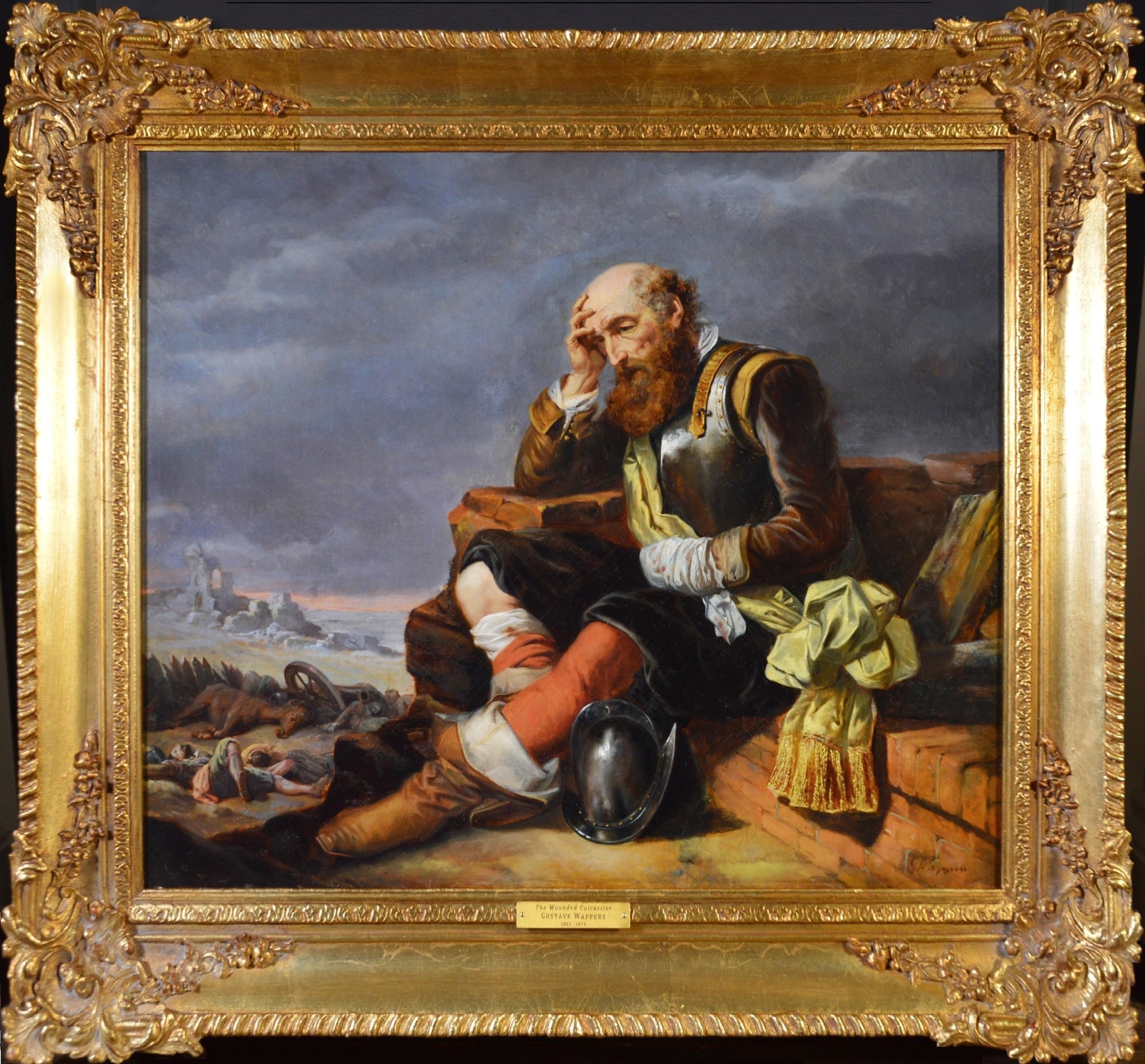 The Wounded Cuirassier - 19th Century Military Oil Painting of Cavalry Soldier - Gray Landscape Painting by Gustave Wappers