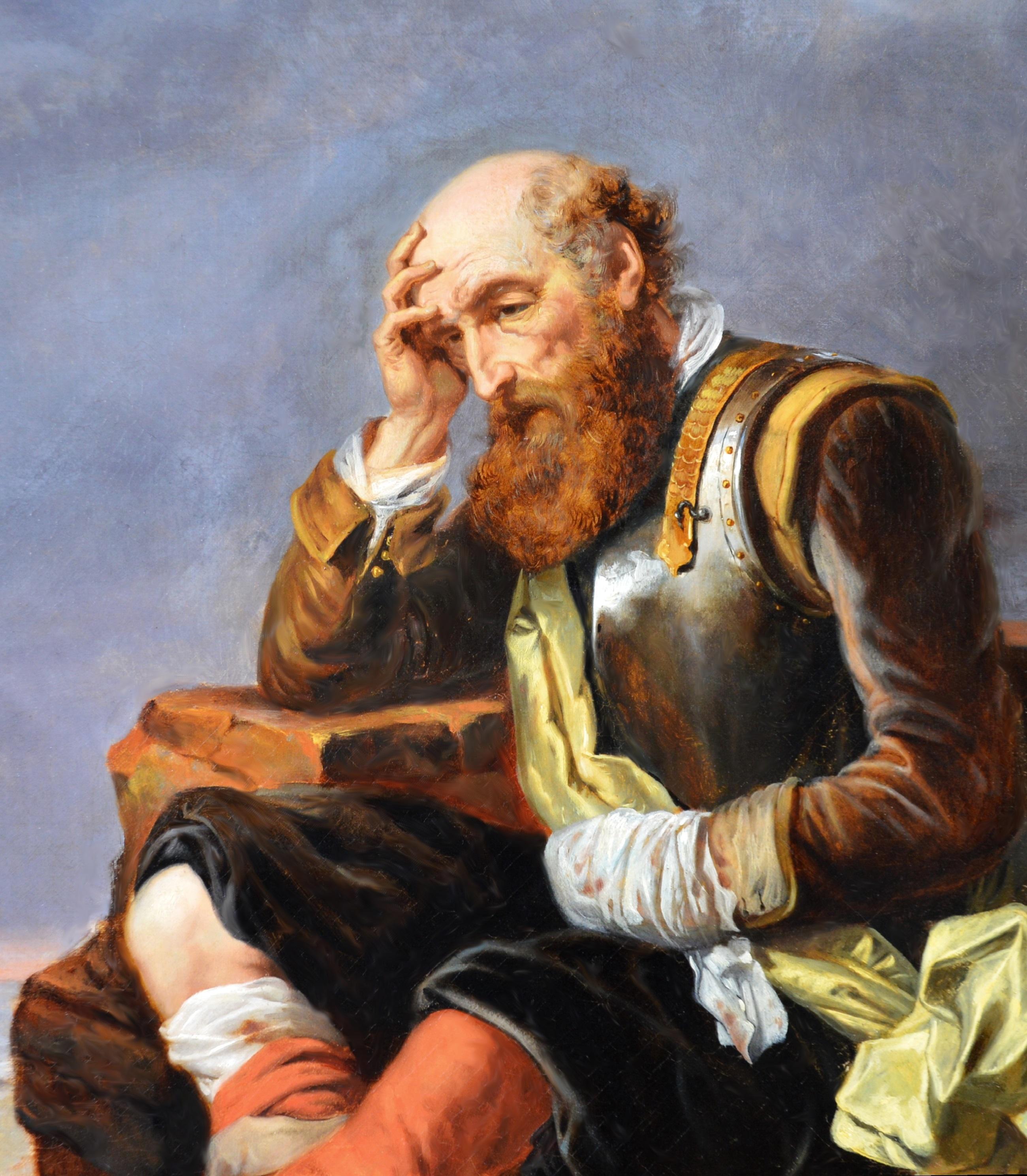 ‘The Wounded Cuirassier’ by Gustave Wappers (1803-1874). 

The painting – which depicts a fallen cavalryman at the end of battle – is signed by the artist and presented in a bespoke gold metal leaf frame. 

All our paintings are sold in the finest