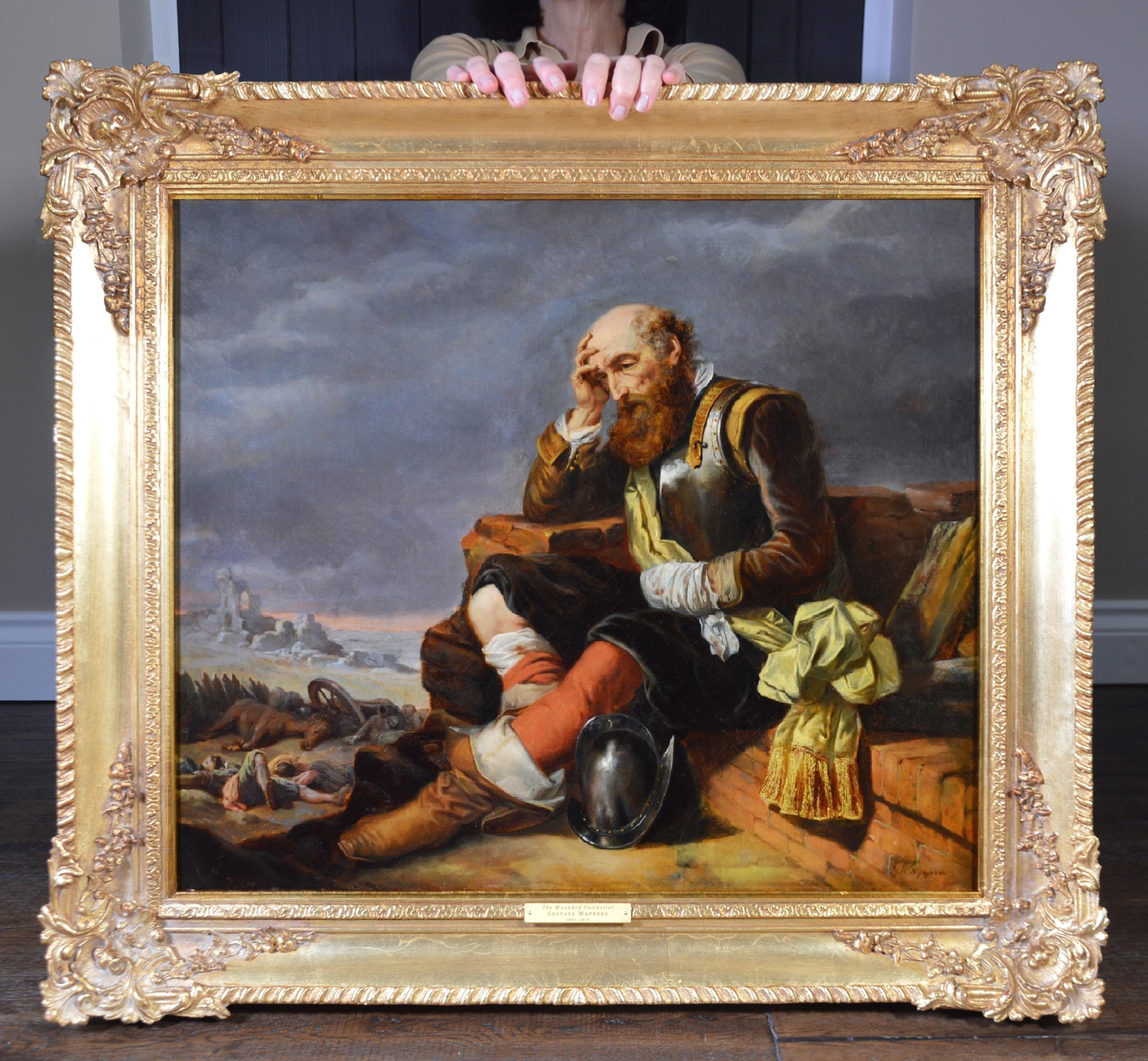 Gustave Wappers Landscape Painting - The Wounded Cuirassier - 19th Century Military Oil Painting of Cavalry Soldier