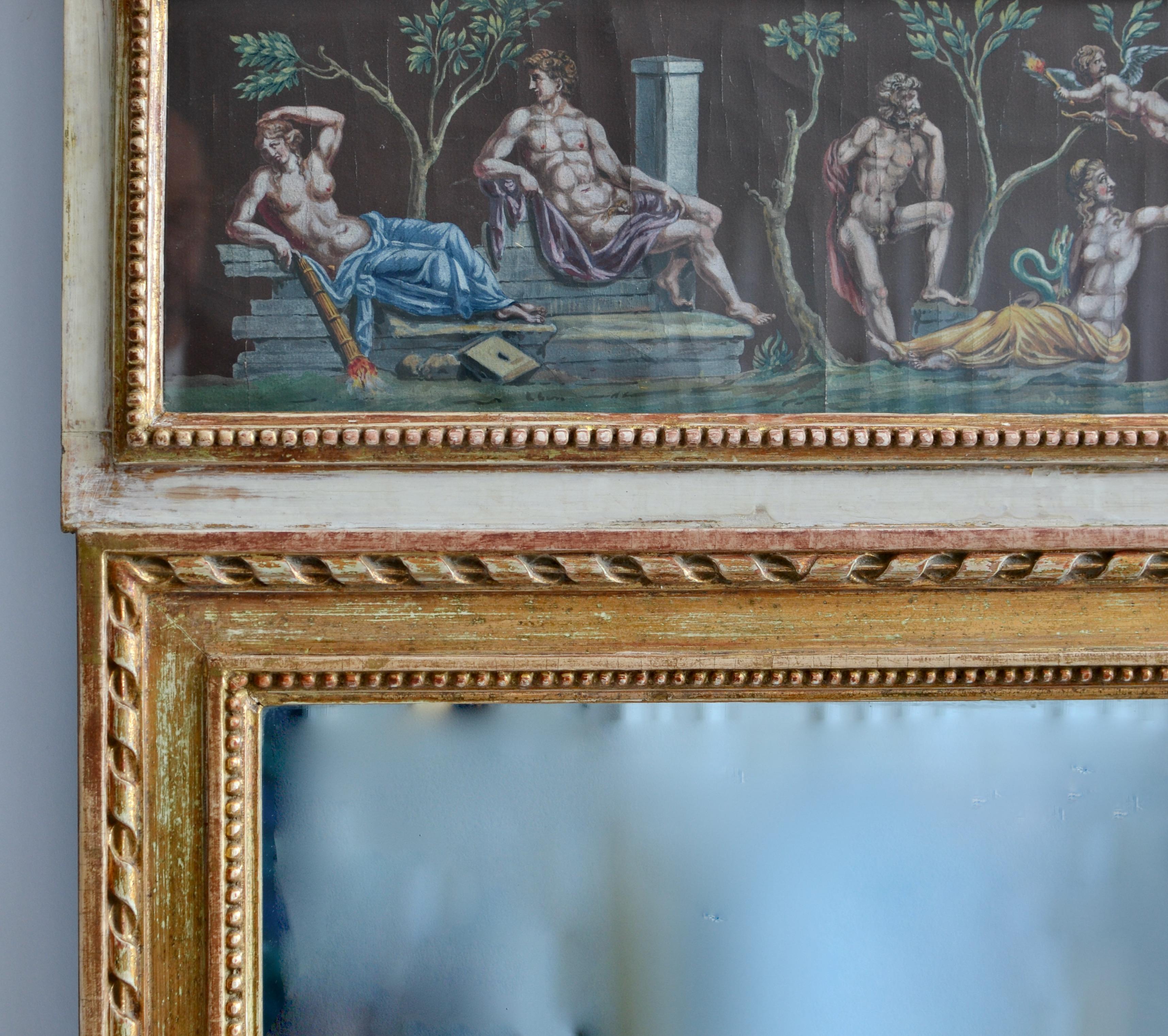 Swedish Gustavian 18th Century Giltwood Mirror with Gouaches For Sale