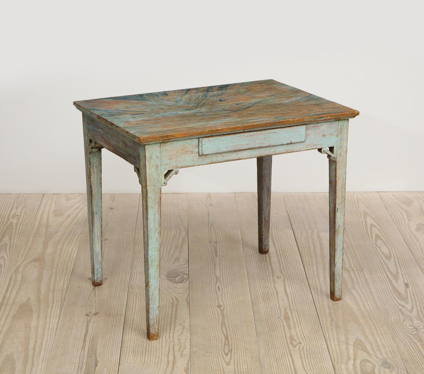 Hand-Painted Gustavian 18th Century Table with Faux Marble-Top Center Drawer, Origin: Sweden