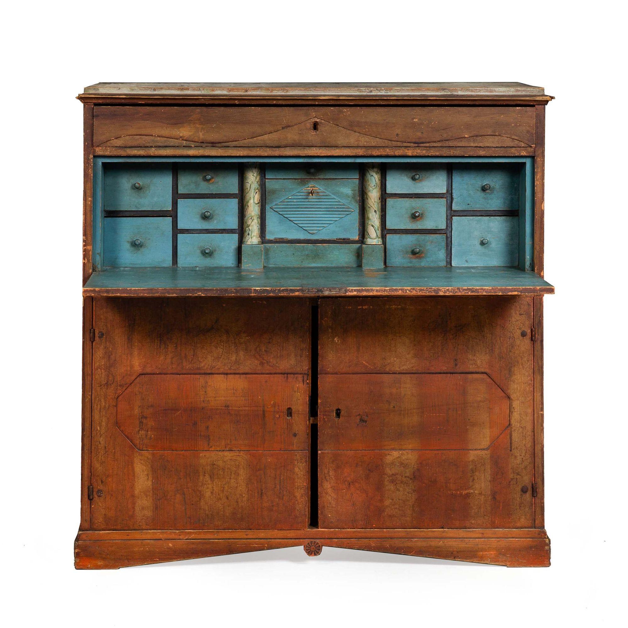 FINE GUSTAVIAN SECRETARY DESK OVER CABINET IN EARLY RUST AND BLUE PAINT
Probably Swedish or Danish, circa first half of the 19th century
Item # 403BAS18Q

An very cool and quite rare Gustavian writing desk executed in pine with a very early painted