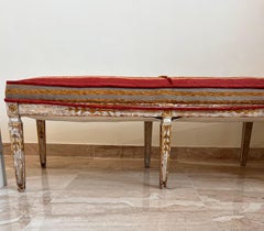 Antique, Gustavian hand carved bench in velvet from late 18th century.