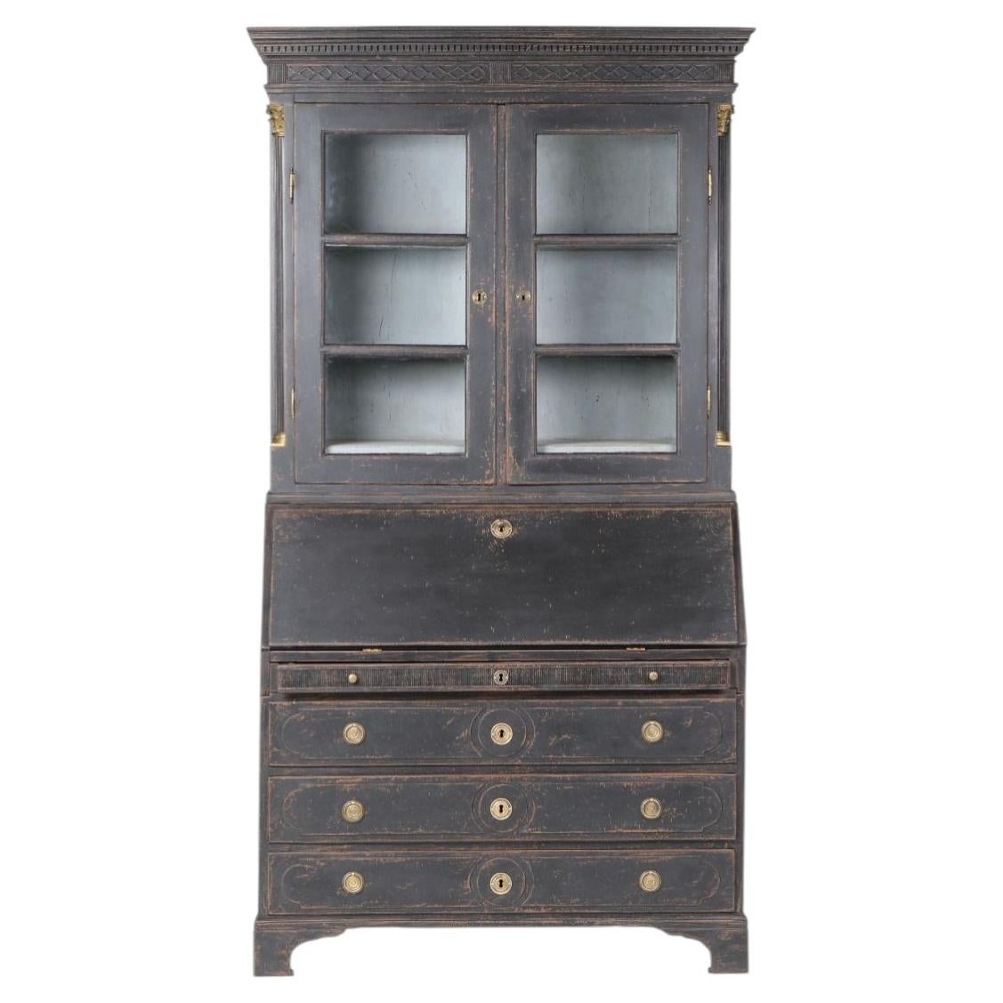 Gustavian Black-Painted Bureau Cabinet, Sweden For Sale