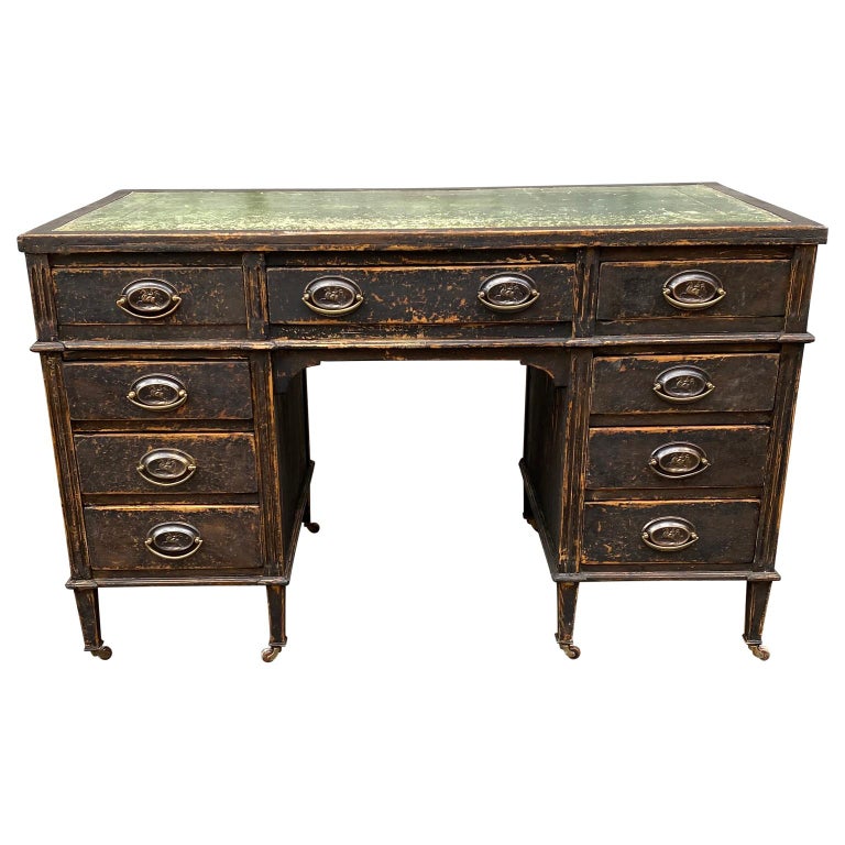 Gustavian Black Painted Executive Desk Green with Leather Top For Sale