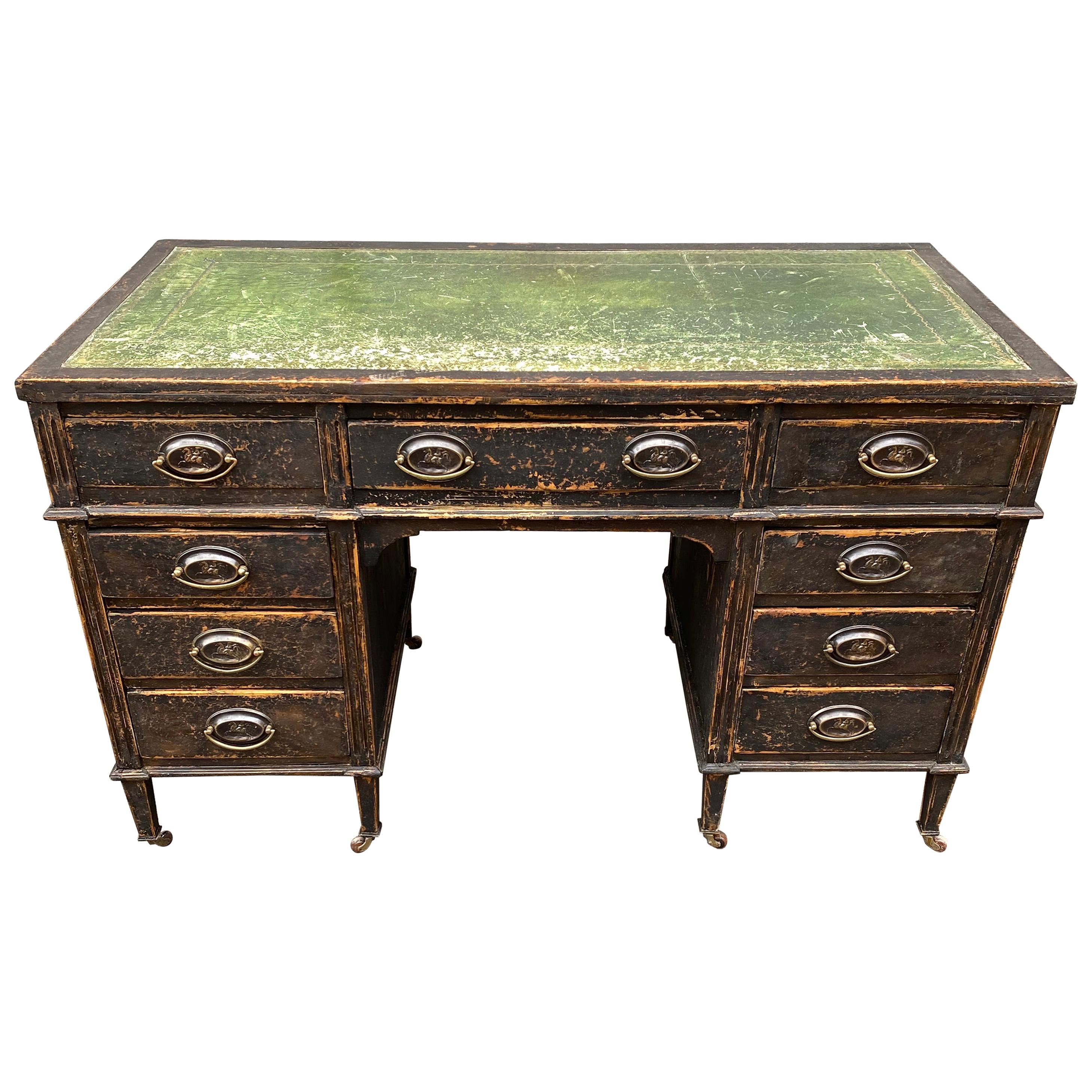 Gustavian Black Painted Executive Desk Green with Leather Top