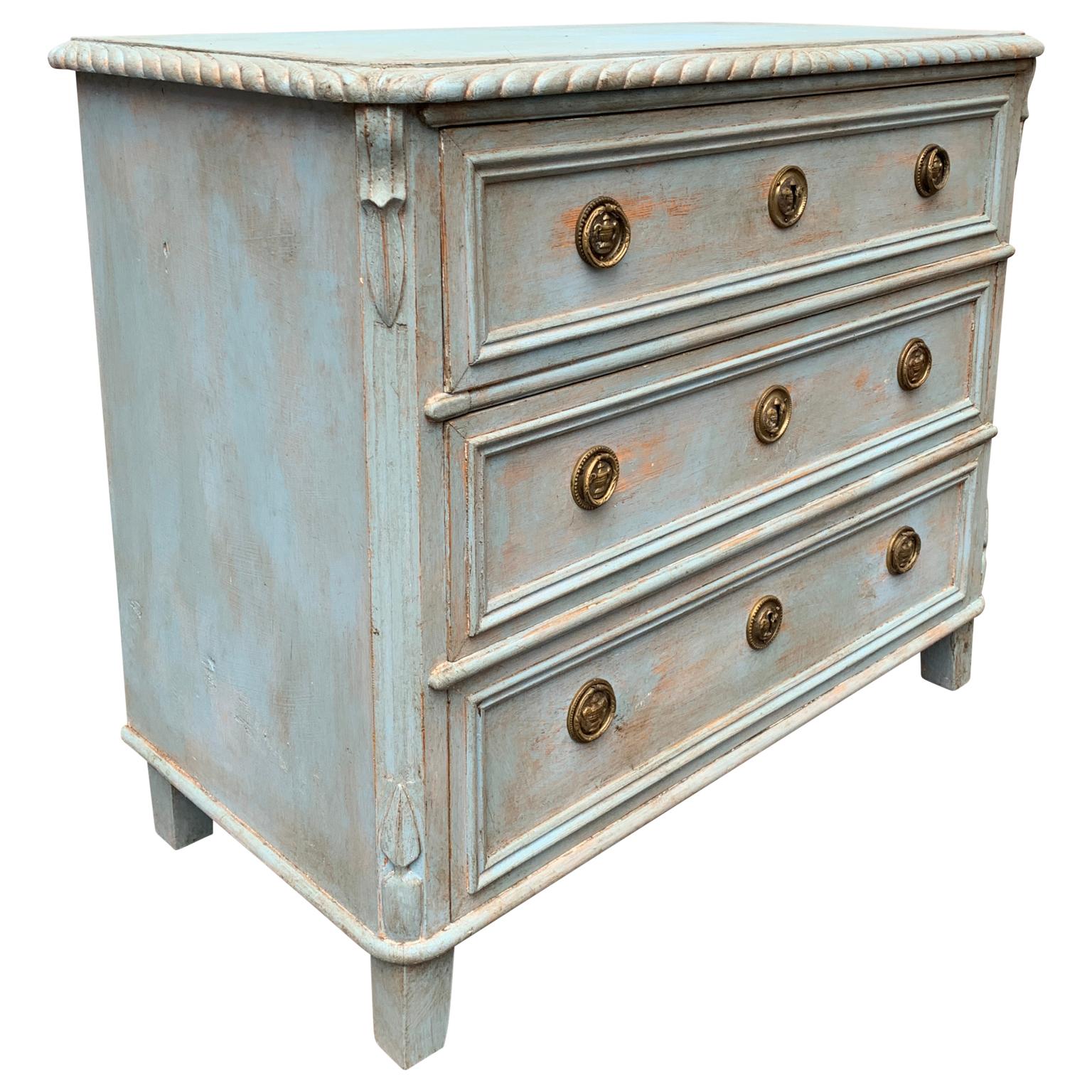Swedish Gustavian Blue Painted Chest of Drawers, Sweden Late 19th Century For Sale