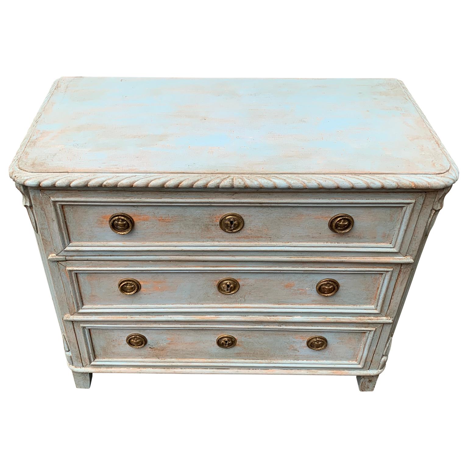Hand-Painted Gustavian Blue Painted Chest of Drawers, Sweden Late 19th Century For Sale