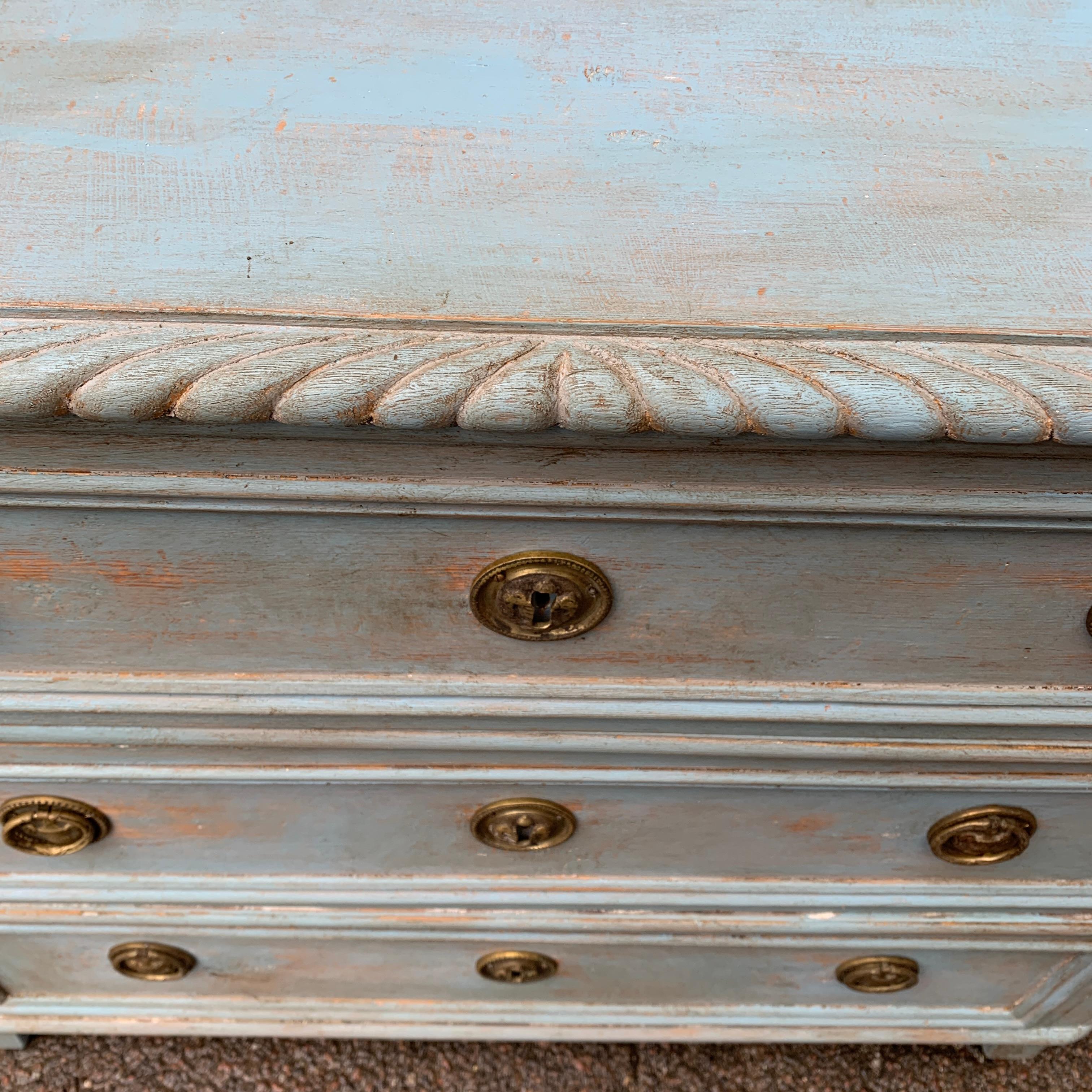 Pine Gustavian Blue Painted Chest of Drawers, Sweden Late 19th Century For Sale