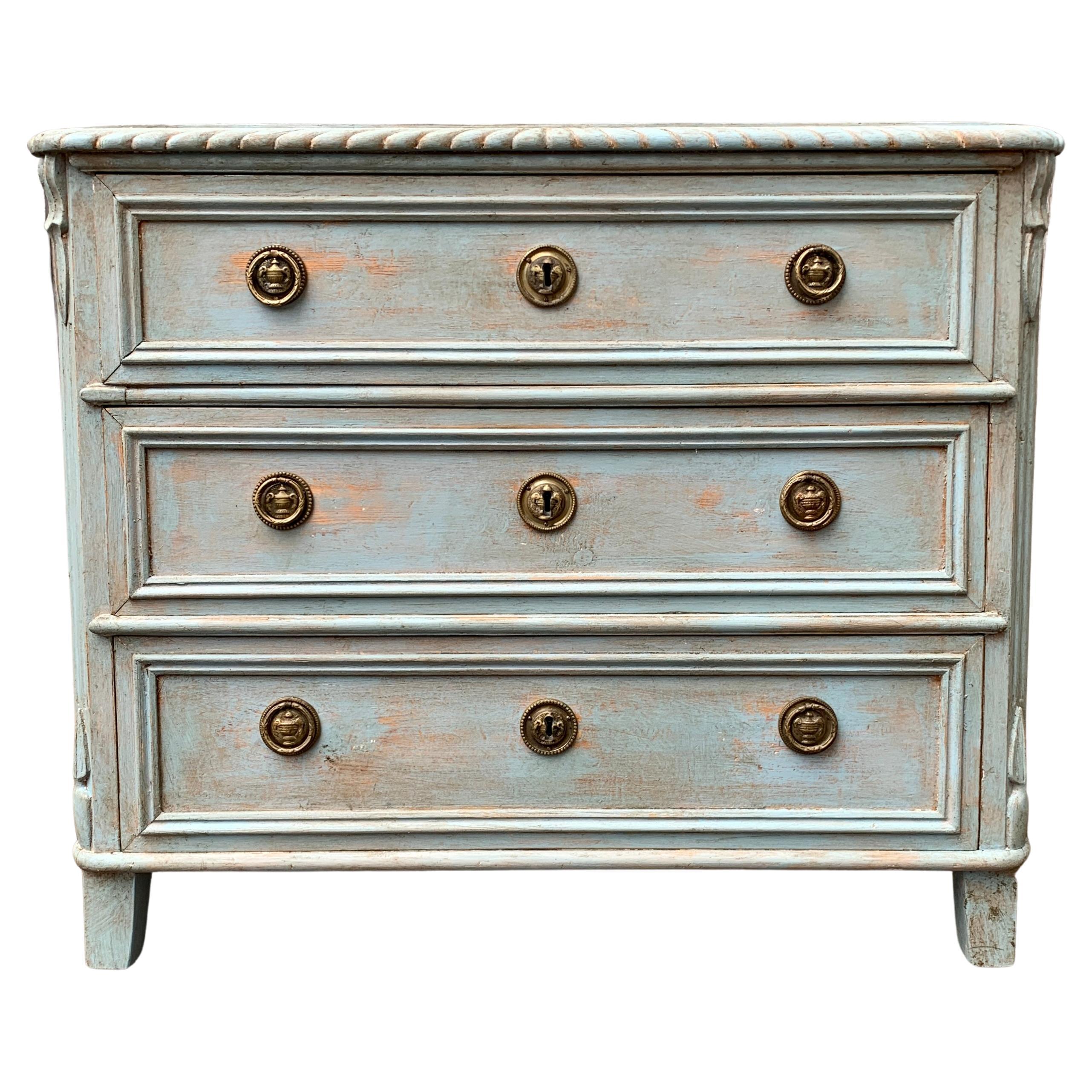 Gustavian Blue Painted Chest of Drawers, Sweden Late 19th Century For Sale