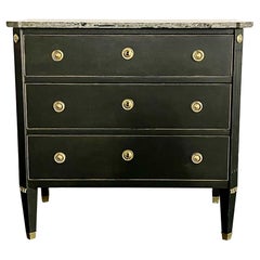 Gustavian Chest, Ebony, Painted Faux Marble Top, Brass Accent, 20th Century