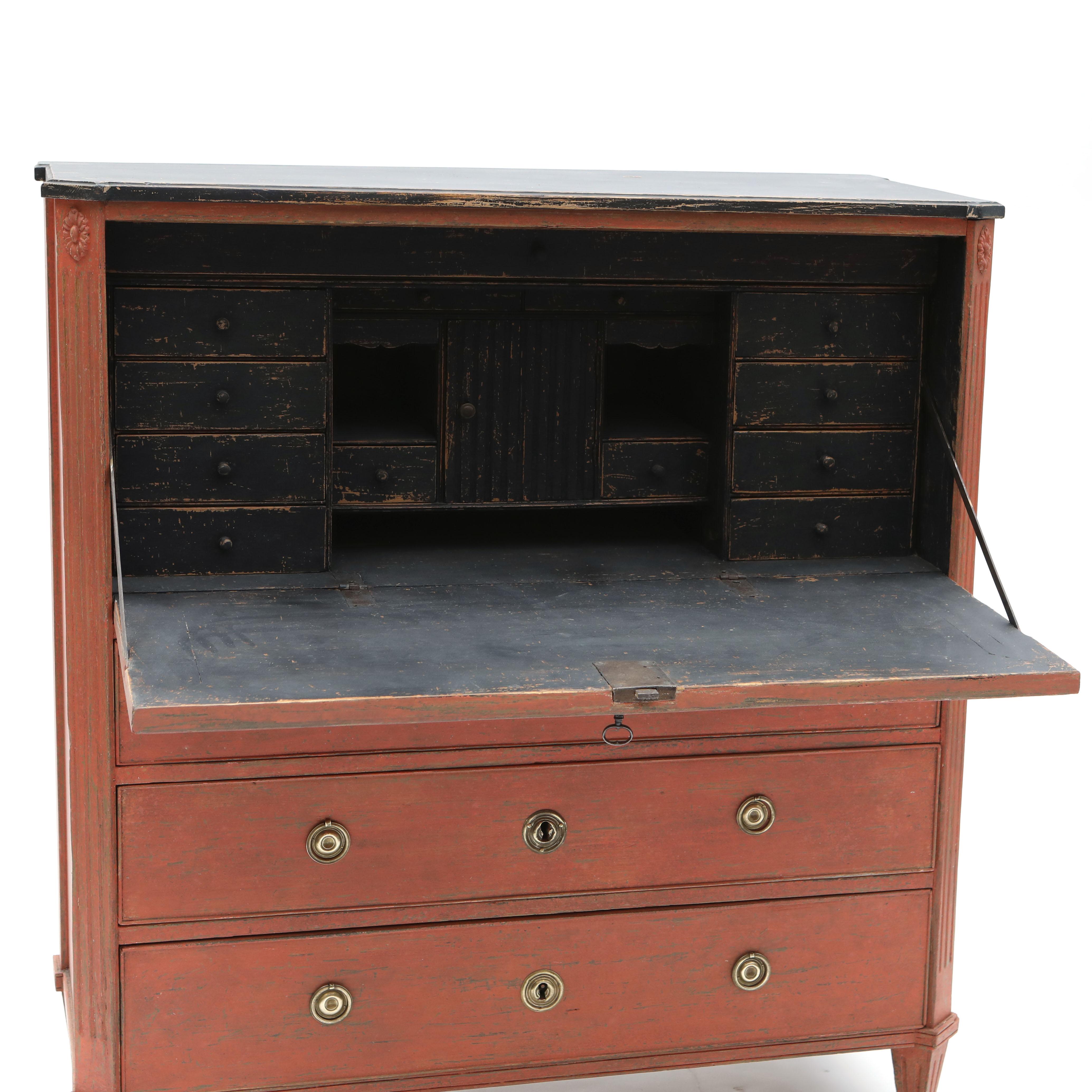 Painted Gustavian Cinnabar Red Secretary, Swedish Antique C. 1800 For Sale