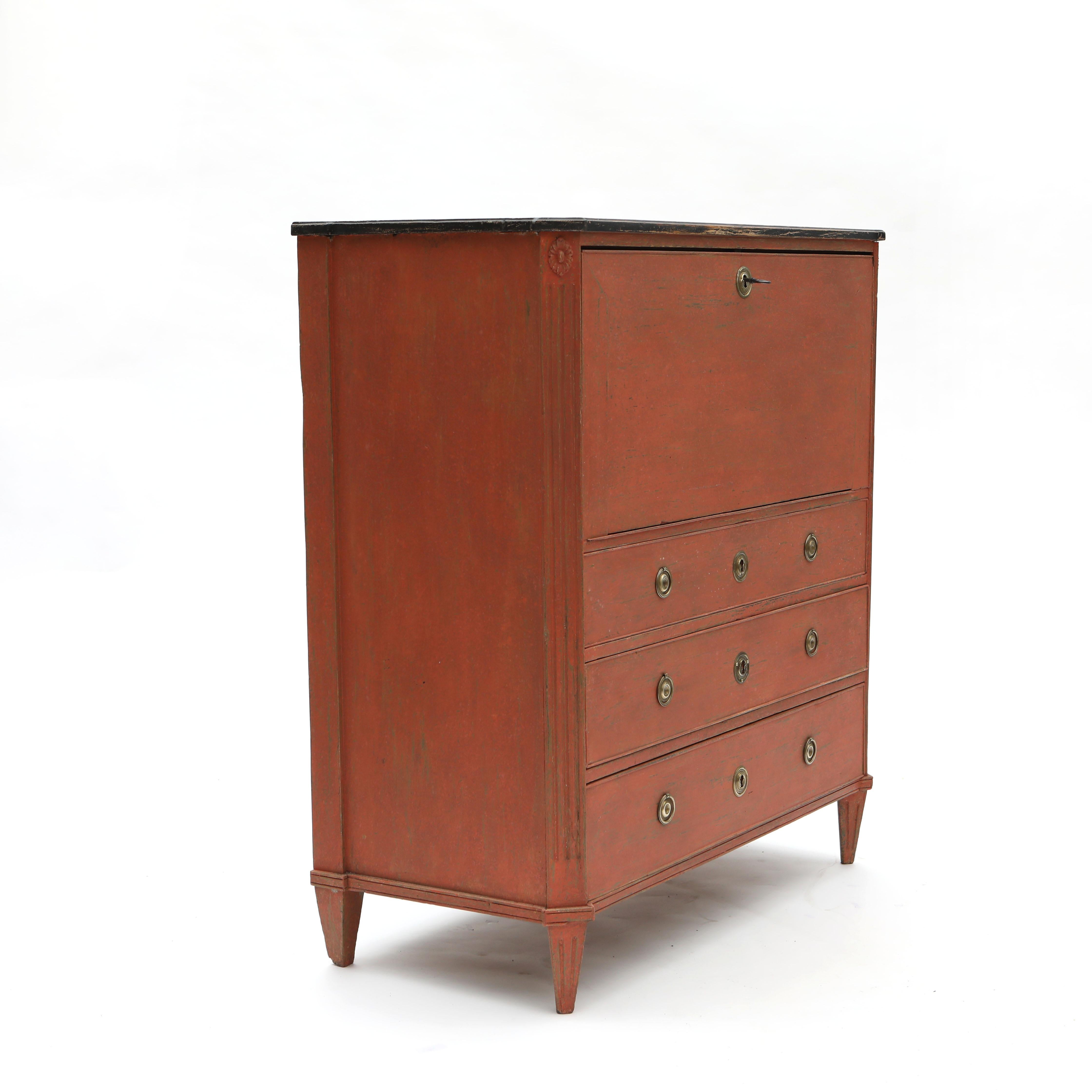 19th Century Gustavian Cinnabar Red Secretary, Swedish Antique C. 1800 For Sale