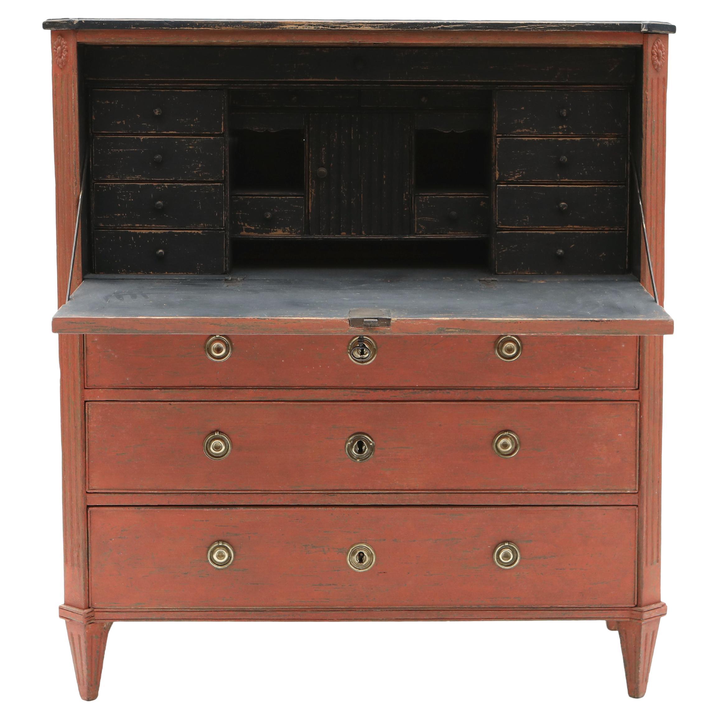 Gustavian Cinnabar Red Secretary, Swedish Antique C. 1800