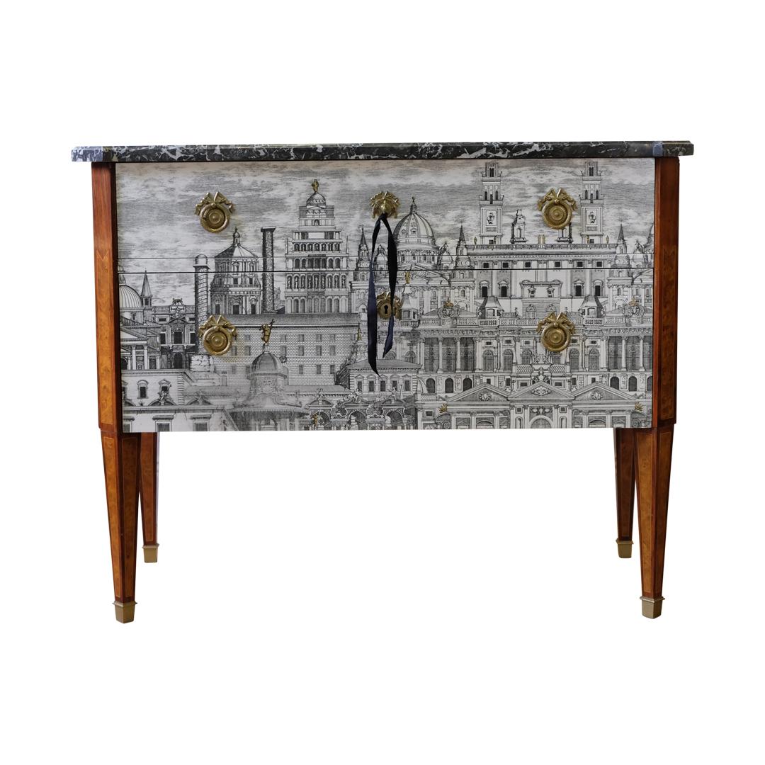 Gustavian Commode with Fornasetti Ancient Rome Design and Natural Marble Top. Original cast brass fittings to the drawers and legs. 
Width: 104cm / 40.9