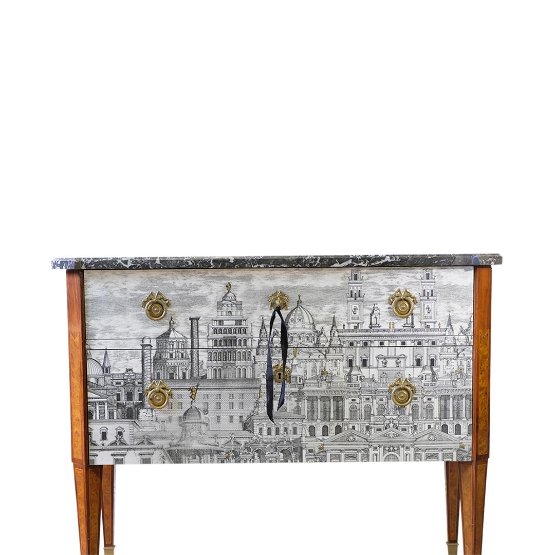 Louis XVI Gustavian Commode with Fornasetti Ancient Rome Design and Natural Marble Top