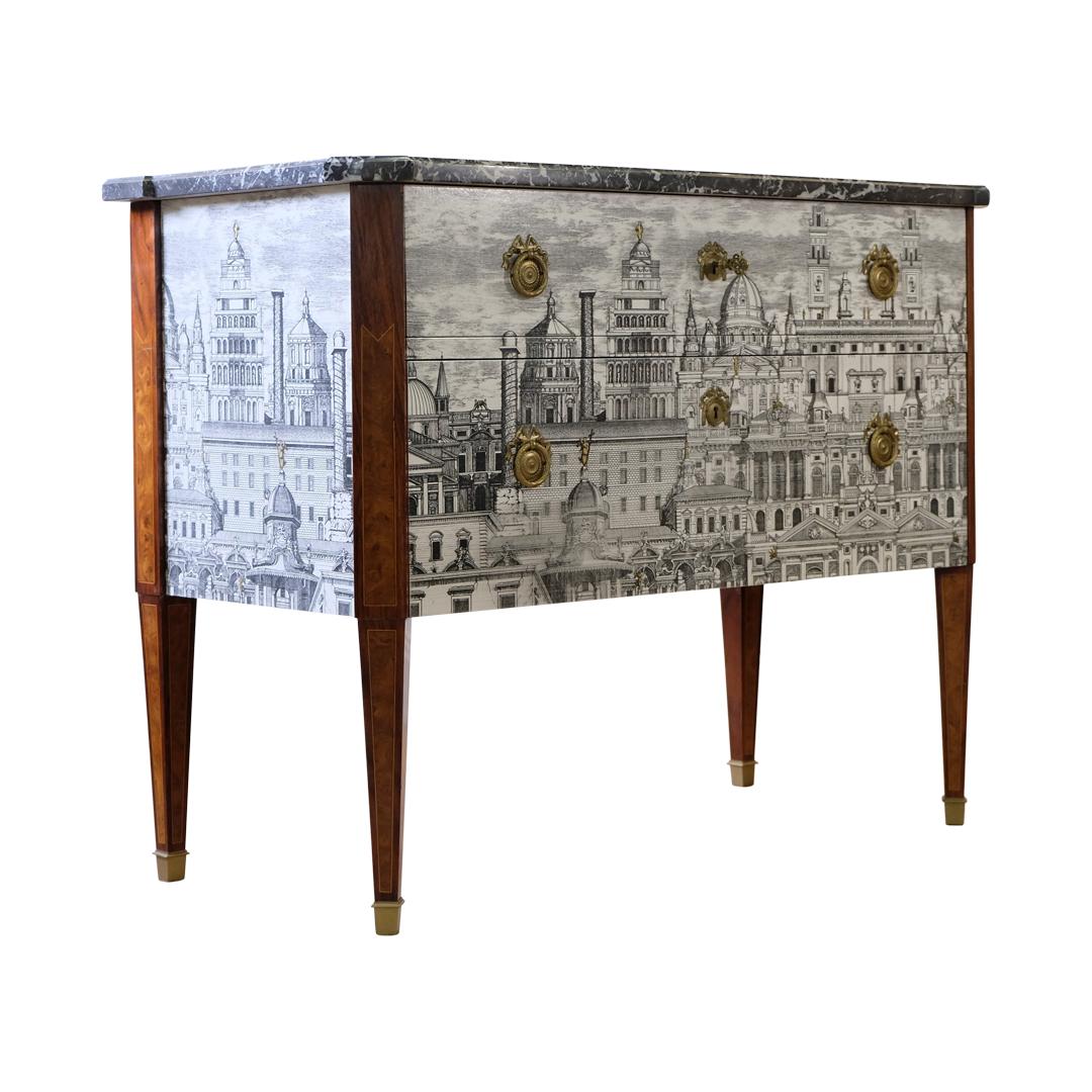 Swedish Gustavian Commode with Fornasetti Ancient Rome Design and Natural Marble Top