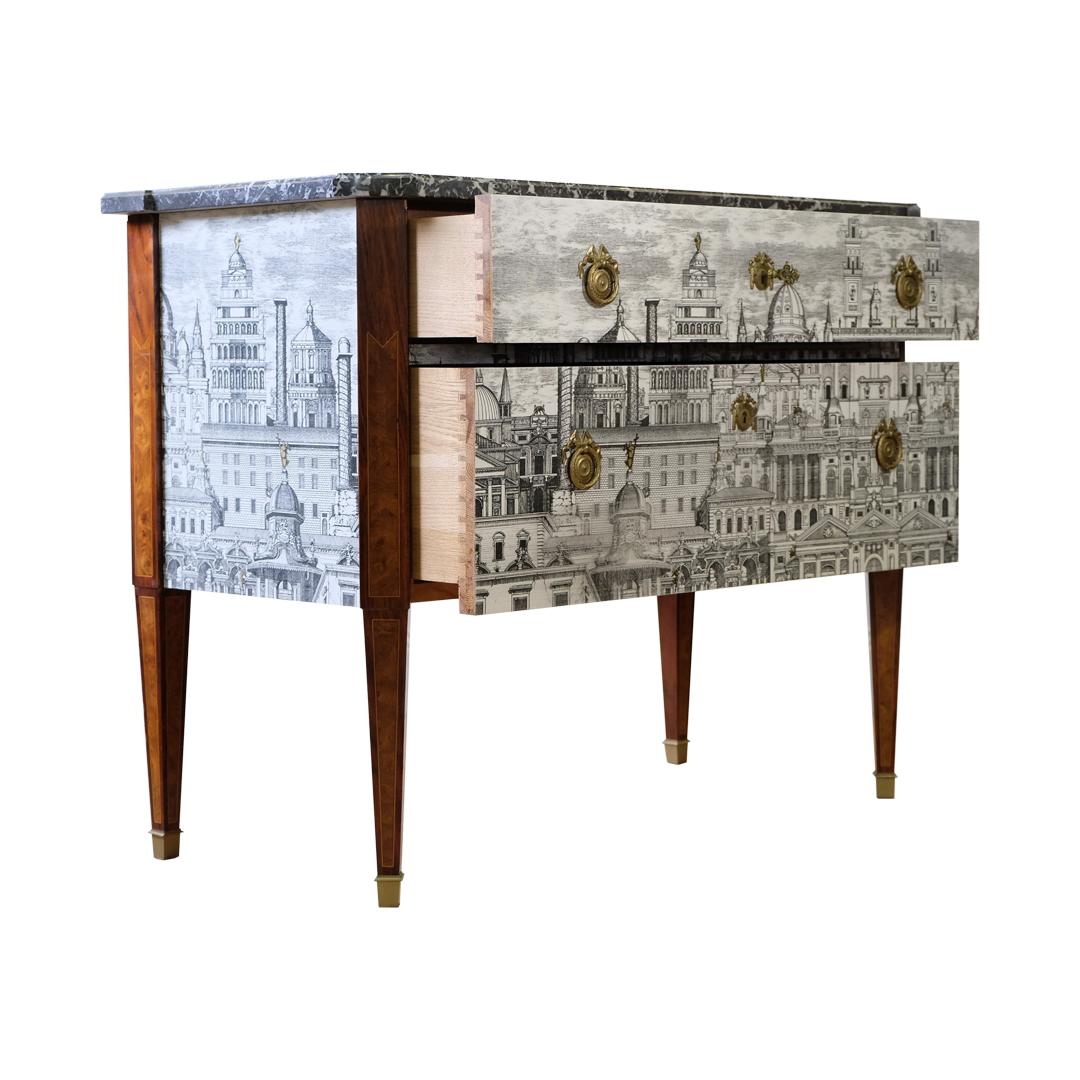 Gustavian Commode with Fornasetti Ancient Rome Design and Natural Marble Top In Excellent Condition In Crowthorne, Surrey