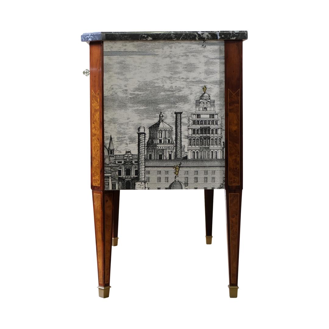 Mid-20th Century Gustavian Commode with Fornasetti Ancient Rome Design and Natural Marble Top