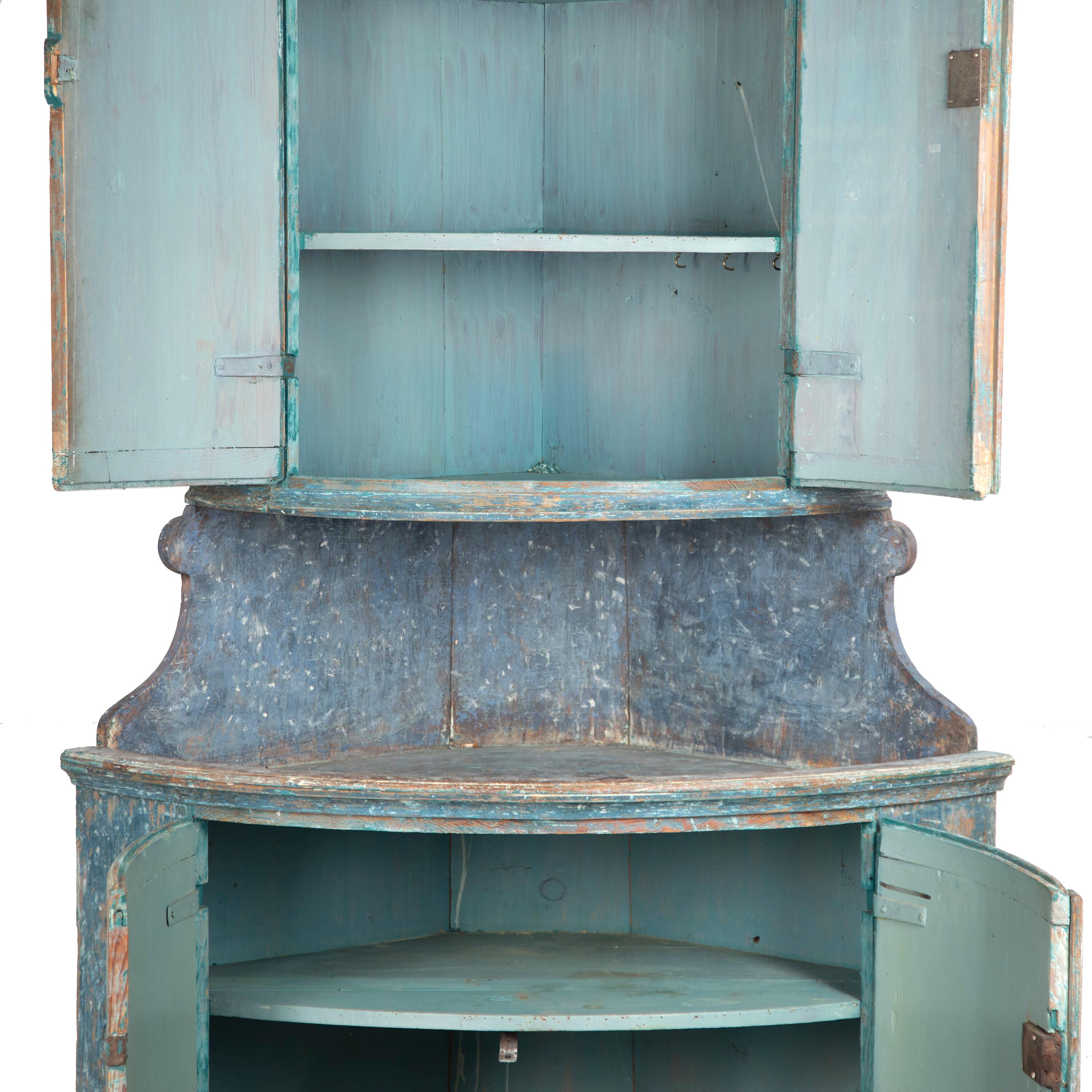Wood Gustavian Corner Cabinet in Original Blue Paint