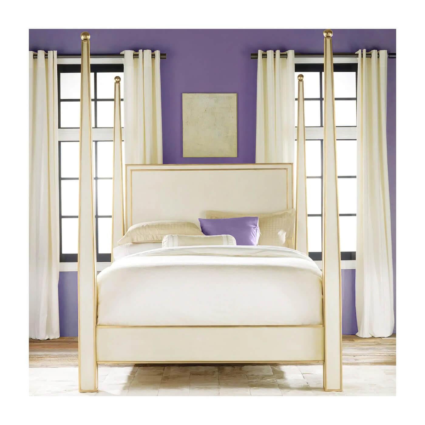 A Modern Gustavian Cream Painted Four Poster Bed. A wonderful combination of antique Gustavian design and modern details. The posters are in a tapered pyramidal form with gilded trim and ball finials. The antique grey-painted headboard and frame