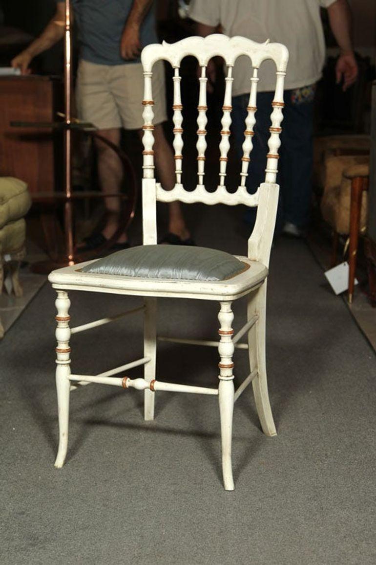 Argentine Gustavian, Dining Chairs, Spindle Back, White Paint, Giltwood, Blue Fabric For Sale