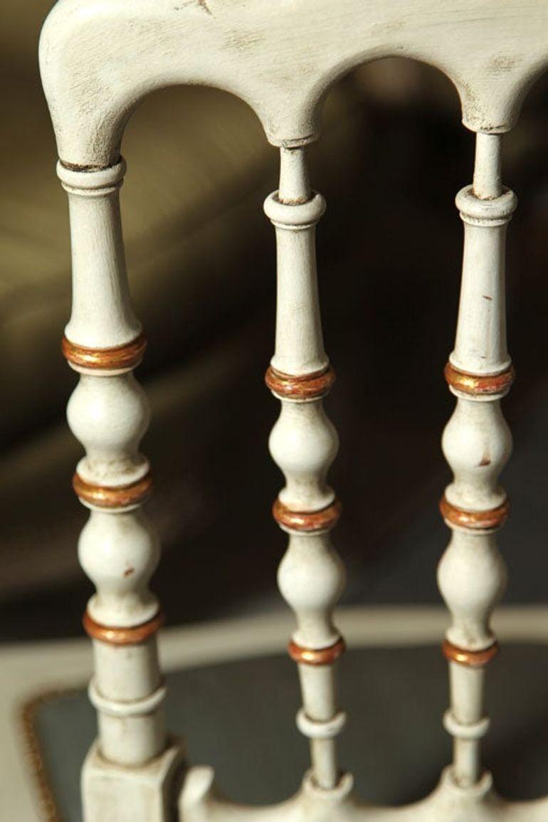 Gustavian, Dining Chairs, Spindle Back, White Paint, Giltwood, Blue Fabric In Good Condition For Sale In Manhasset, NY