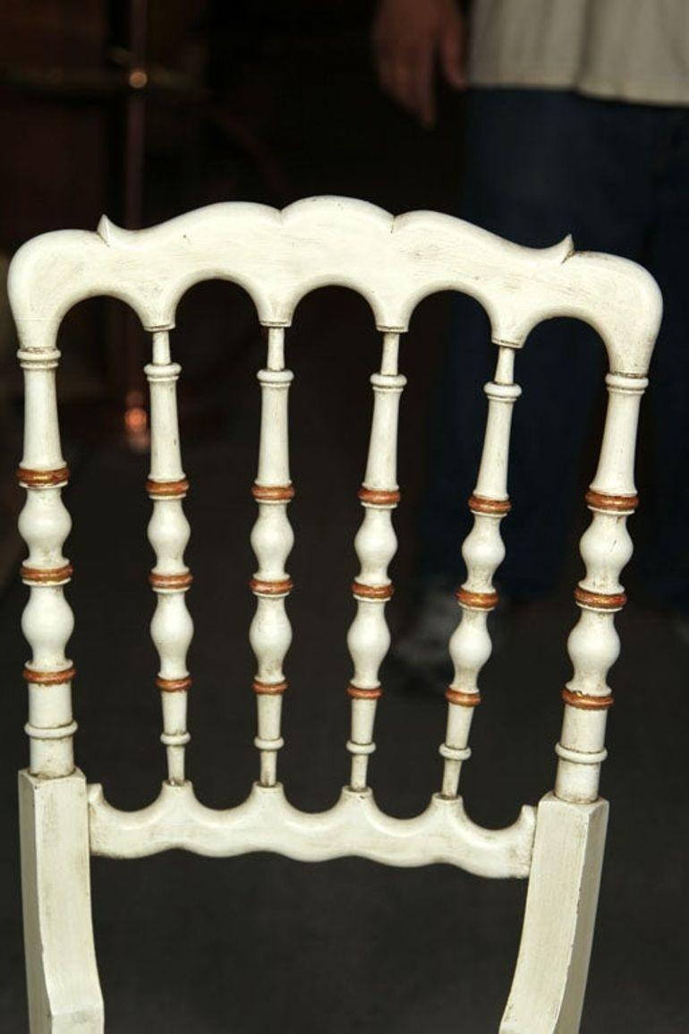 Wood Gustavian, Dining Chairs, Spindle Back, White Paint, Giltwood, Blue Fabric For Sale