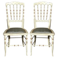 Antique Gustavian, Dining Chairs, Spindle Back, White Paint, Giltwood, Blue Fabric