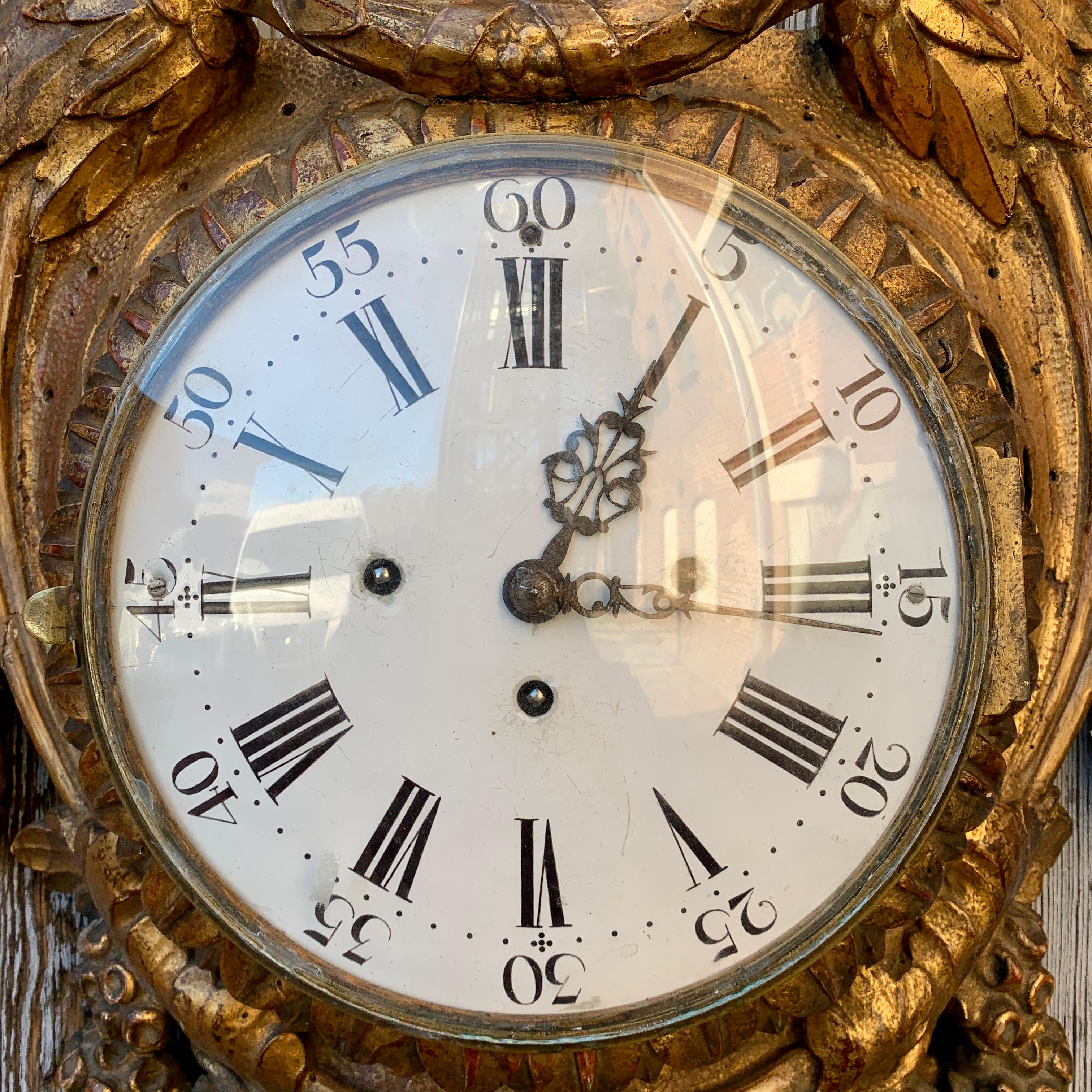 Gustavian Gilt Wall Clock, Early 1800's In Good Condition In Haddonfield, NJ