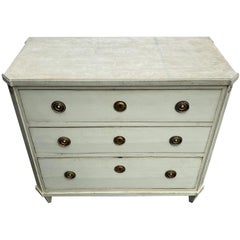 Gustavian Gray Painted Three-Drawer Chest With Brass Hardware