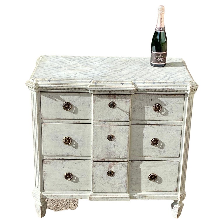Gustavian Grey Painted 3 Drawer Dresser with Faux Marble Top, Sweden,  1850-1880 For Sale at 1stDibs
