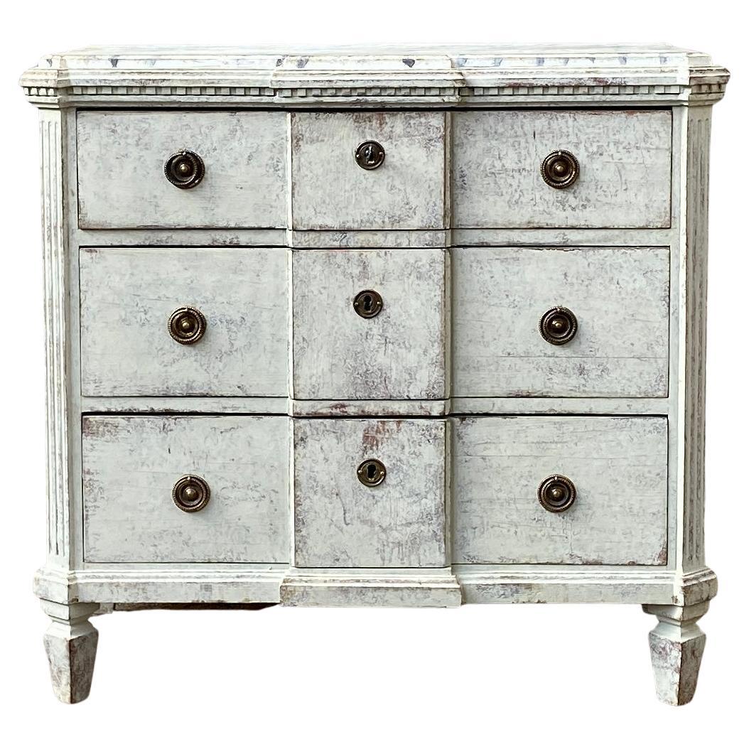Swedish Gustavian Grey Painted 3 Drawer Dresser with Faux Marble Top, Sweden, 1850-1880 For Sale