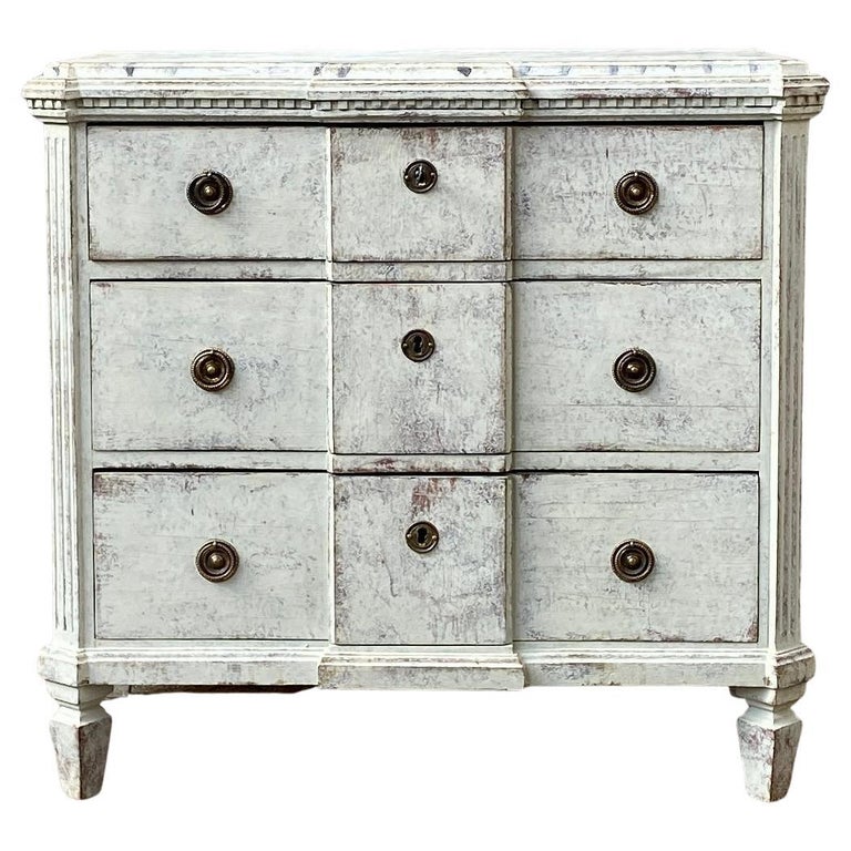 Gustavian Grey Painted 3 Drawer Dresser with Faux Marble Top, Sweden