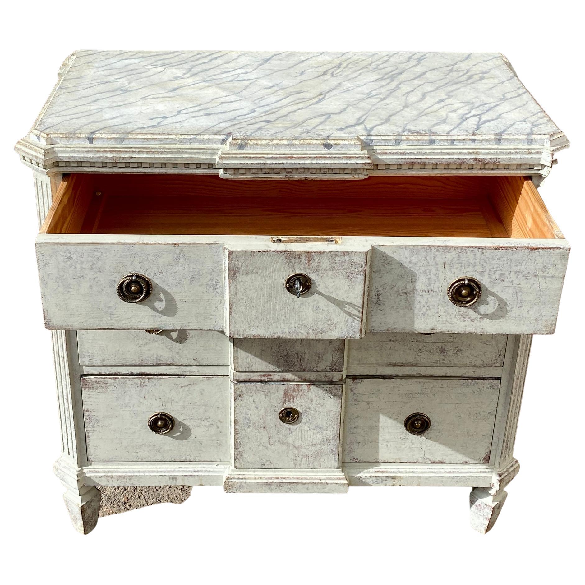 19th Century Gustavian Grey Painted 3 Drawer Dresser with Faux Marble Top, Sweden, 1850-1880 For Sale