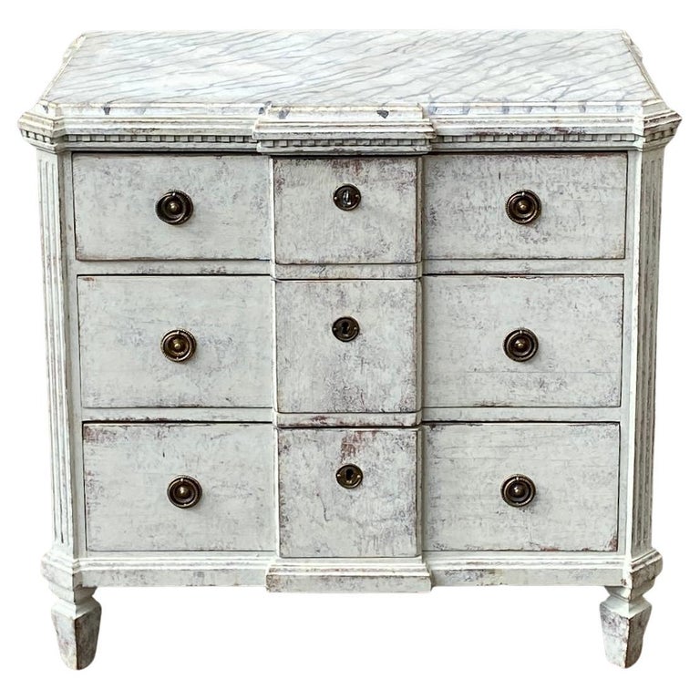 Gustavian Grey Painted 3 Drawer Dresser with Faux Marble Top, Sweden, 1850-1880 Gustavian Grey Painted 3 Drawer Dresser with Faux Marble Top, Sweden, 1850-1880
