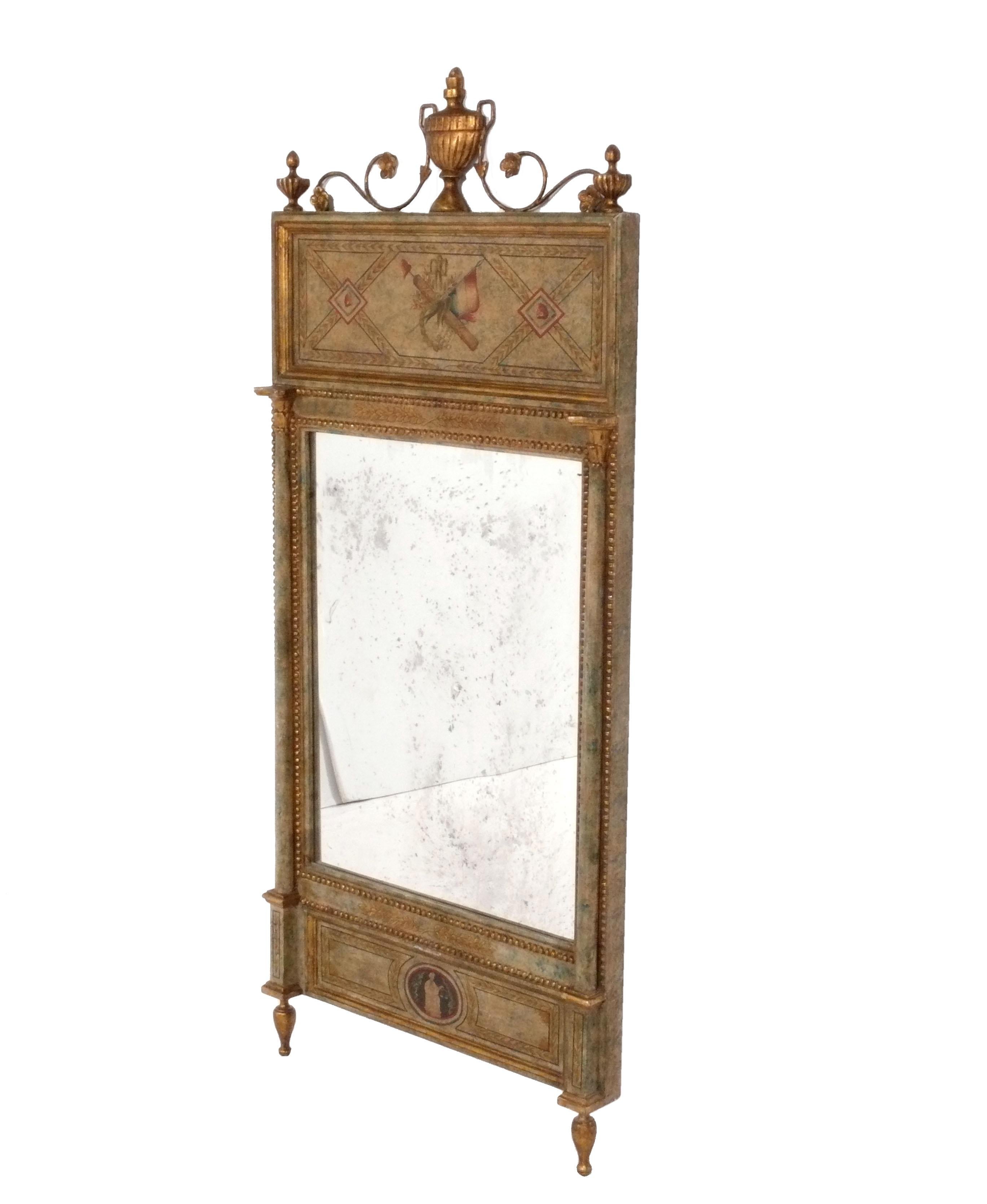 Elegant Gustavian Style Mirror with Hand Painted and Gilt Decoration, believed to be from the Netherlands (as the Netherlands flag is painted at the top), circa 20th Century. Retains warm original patina. 