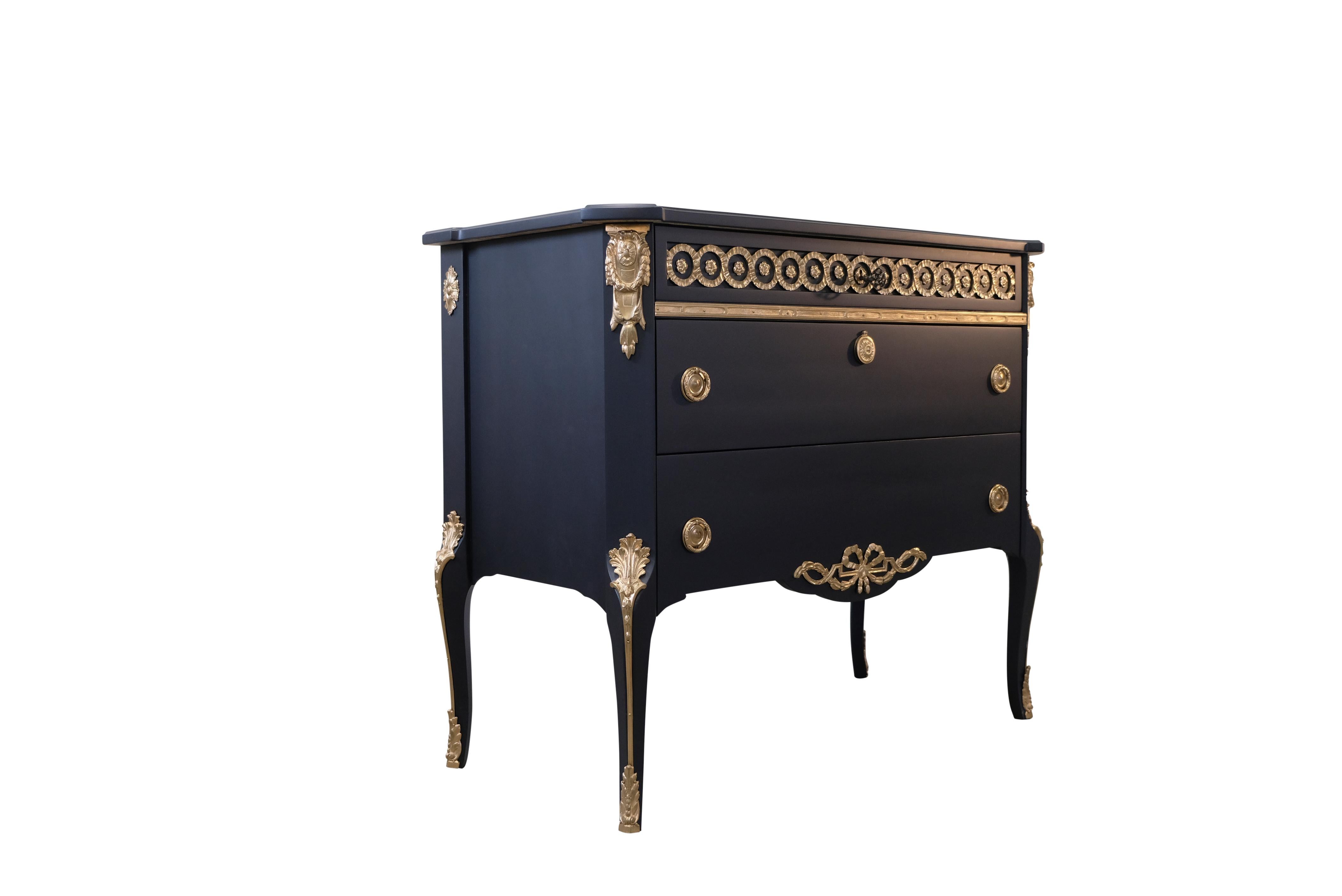 Gustavian Haupt Chest with Three Drawers in a black finish with brass detailing. Originally from the 1930's fully restored and redesigned. Original brass fittings and marble top (painted in same color as chest). 
Width 95cm / 37.3