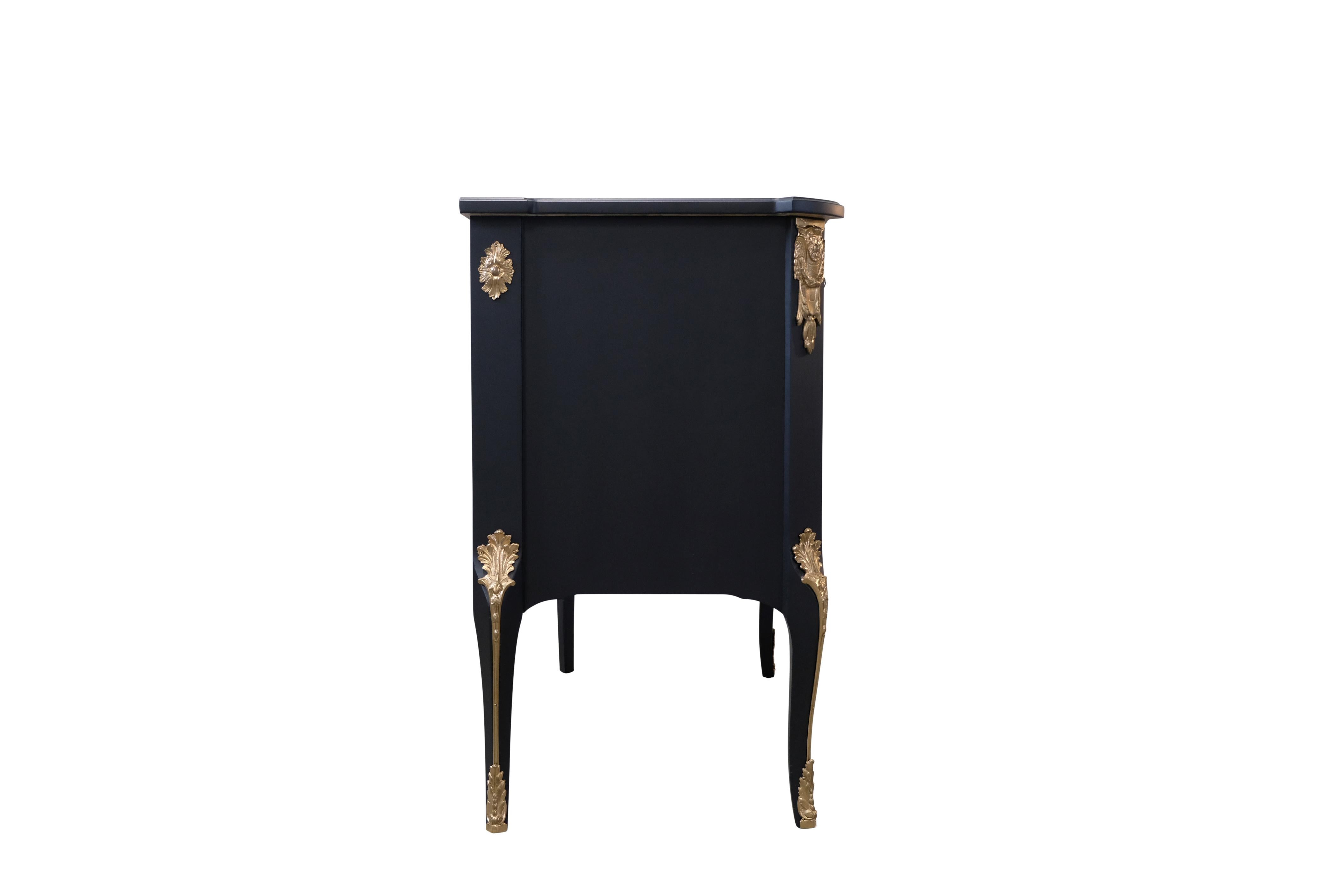 European Gustavian Haupt Chest with Three Drawers in a black finish with brass detailing For Sale