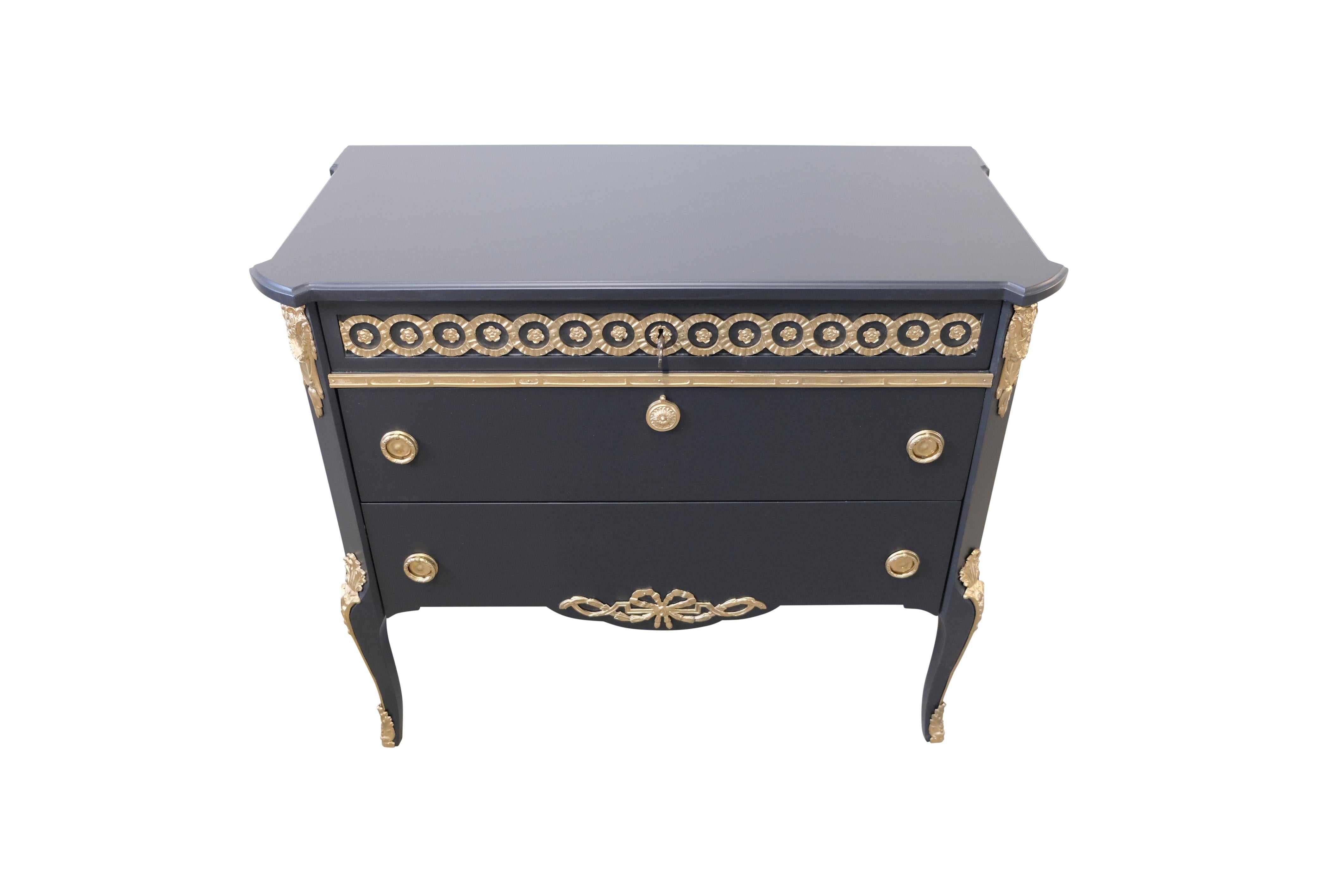 Mid-20th Century Gustavian Haupt Chest with Three Drawers in a black finish with brass detailing For Sale