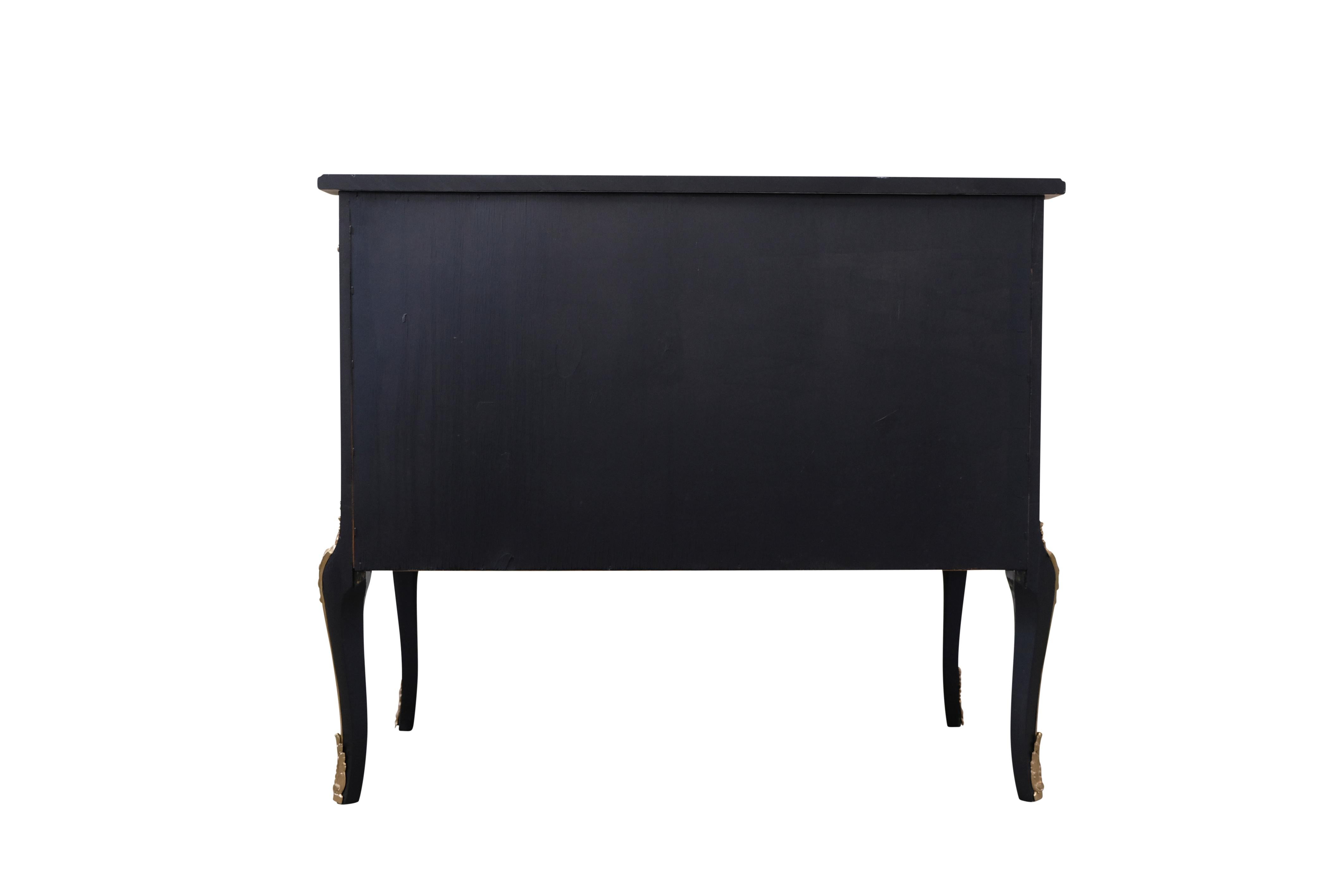 Wood Gustavian Haupt Chest with Three Drawers in a black finish with brass detailing For Sale