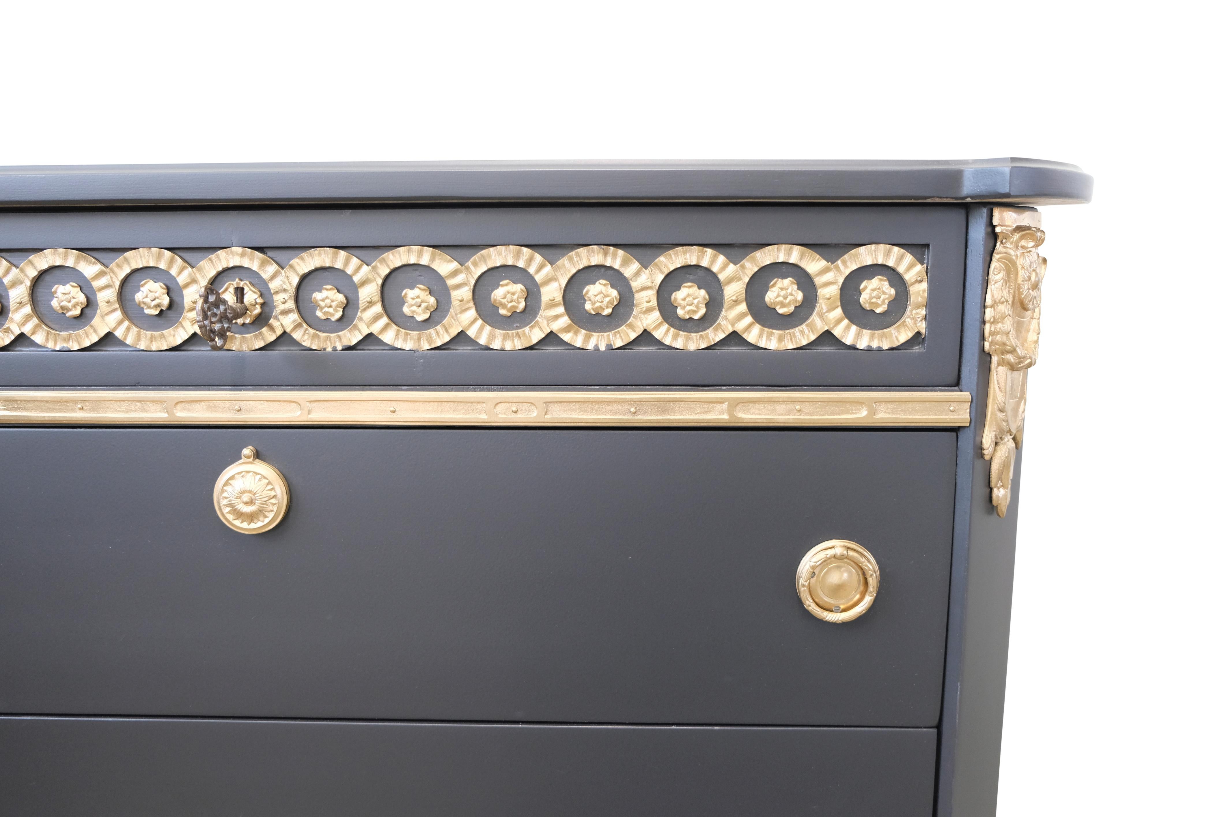 Gustavian Haupt Chest with Three Drawers in a black finish with brass detailing For Sale 1
