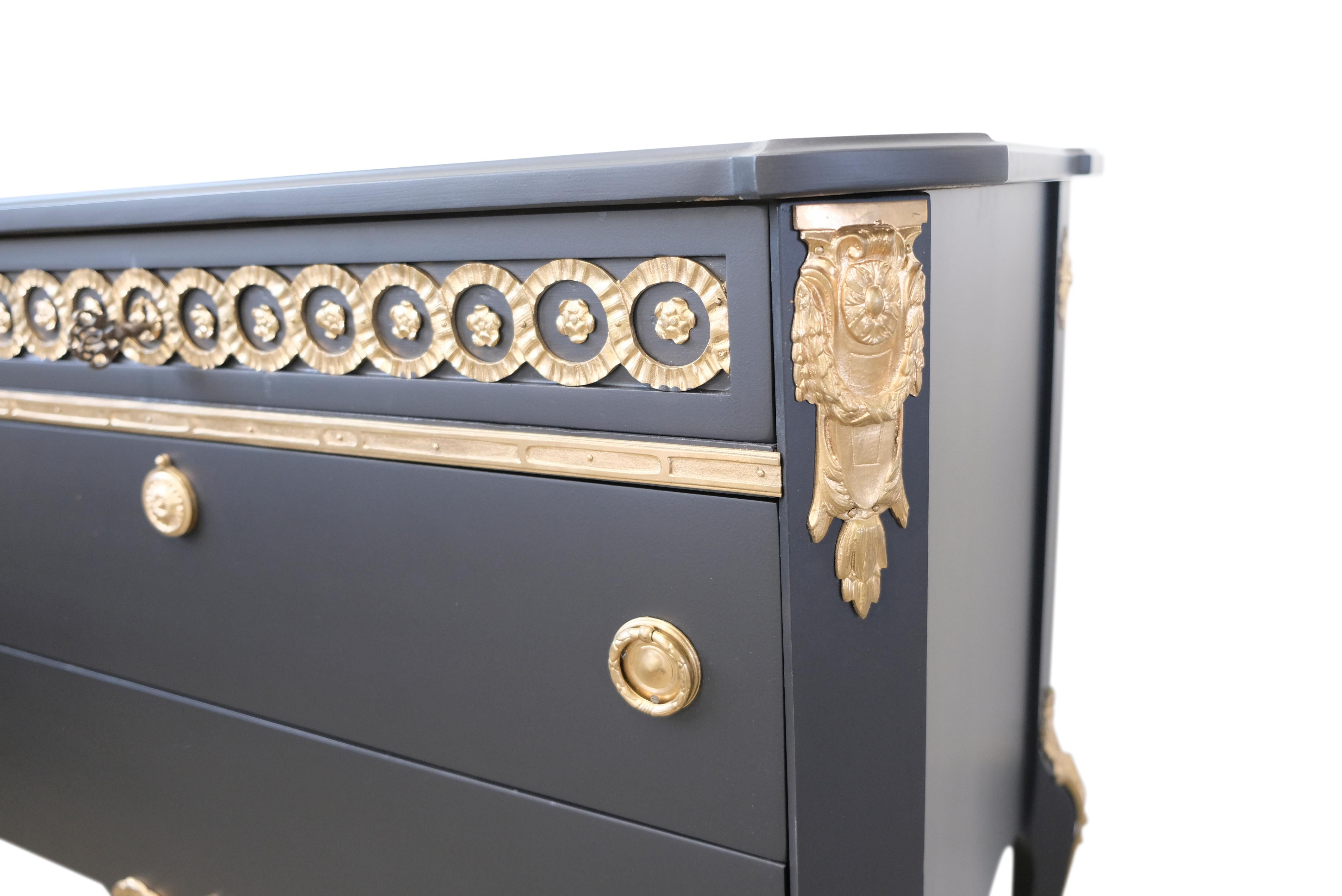 Gustavian Haupt Chest with Three Drawers in a black finish with brass detailing For Sale 2