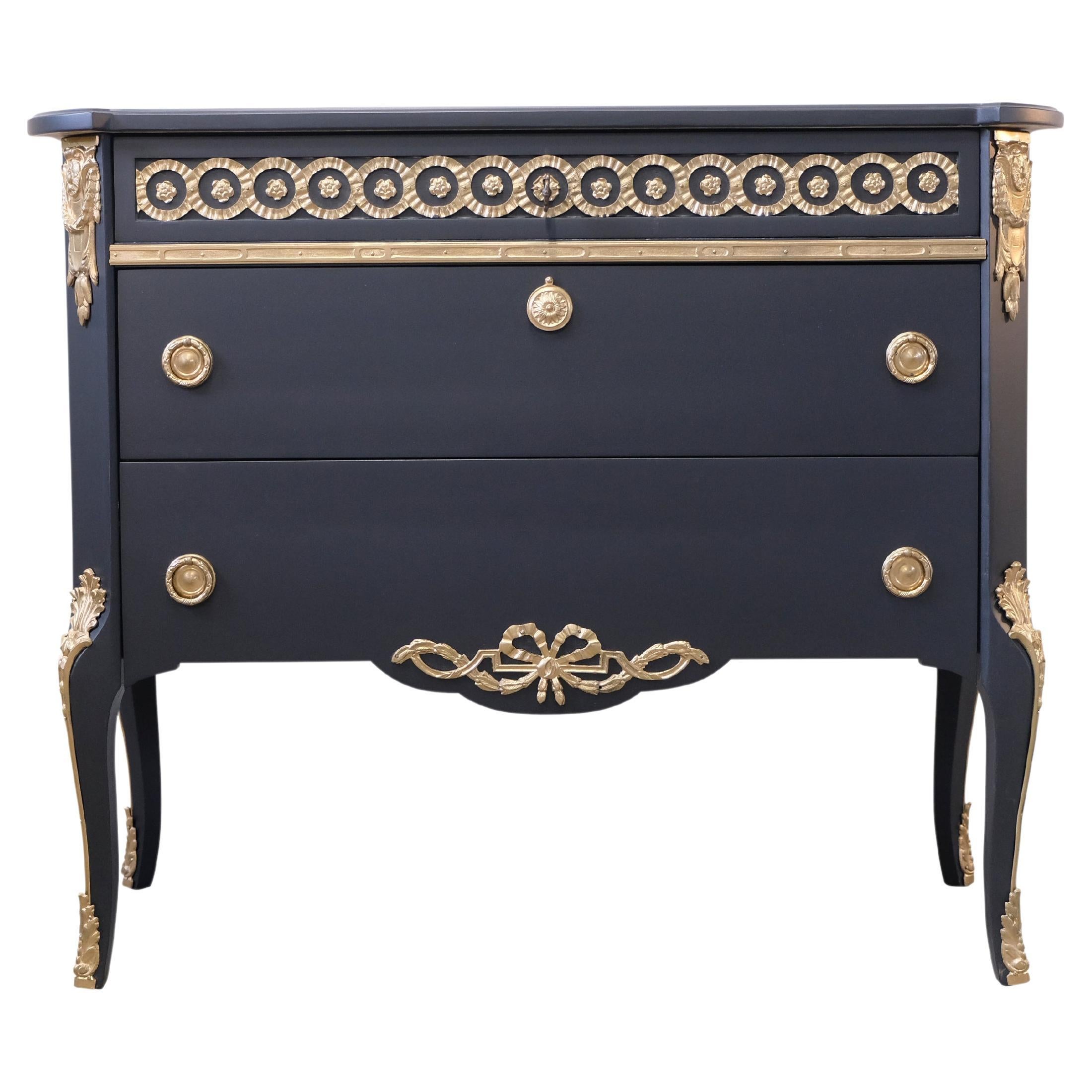 Gustavian Haupt Chest with Three Drawers in a black finish with brass detailing For Sale